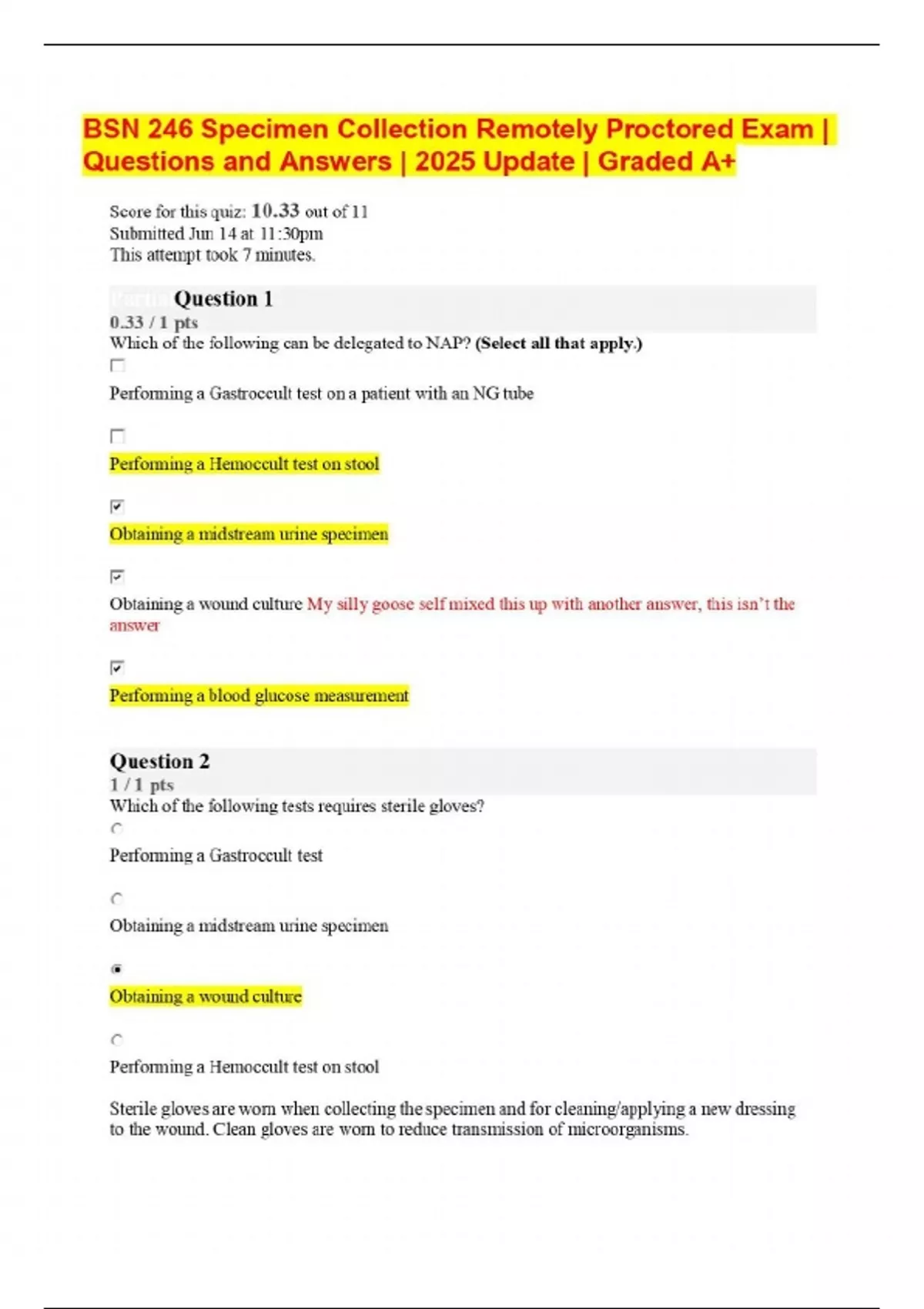 BSN 246 Specimen Collection Remotely Proctored Exam | Questions and ...
