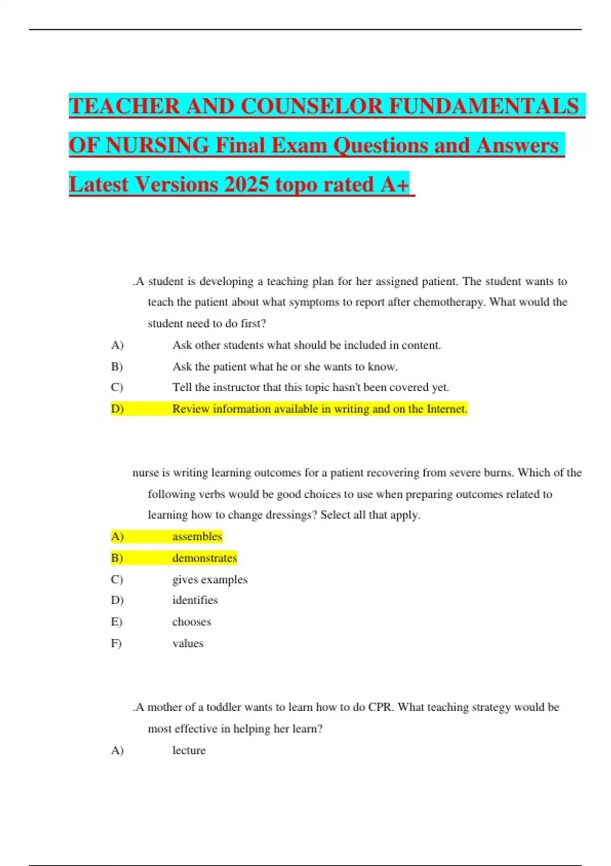 TEACHER AND COUNSELOR FUNDAMENTALS OF NURSING Final Exam Questions and ...