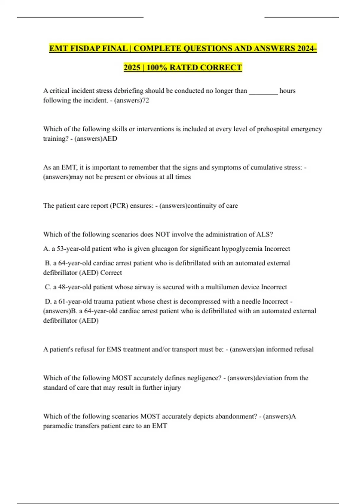 EMT FISDAP FINAL | COMPLETE QUESTIONS AND ANSWERS | 100% RATED CORRECT ...