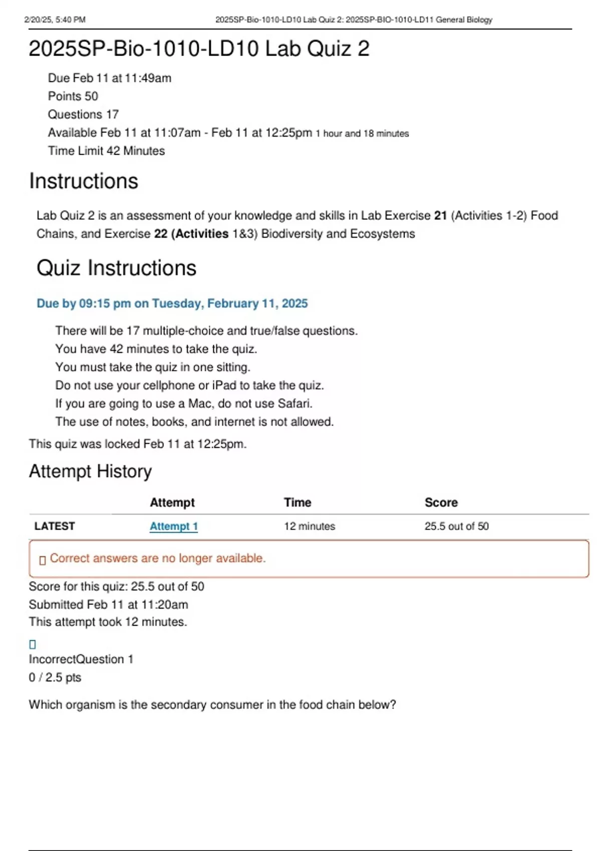 2025SP Bio 1010 LD10 Lab Quiz 2|Questions and Answers|2025 Update|100% Correct. - General ...