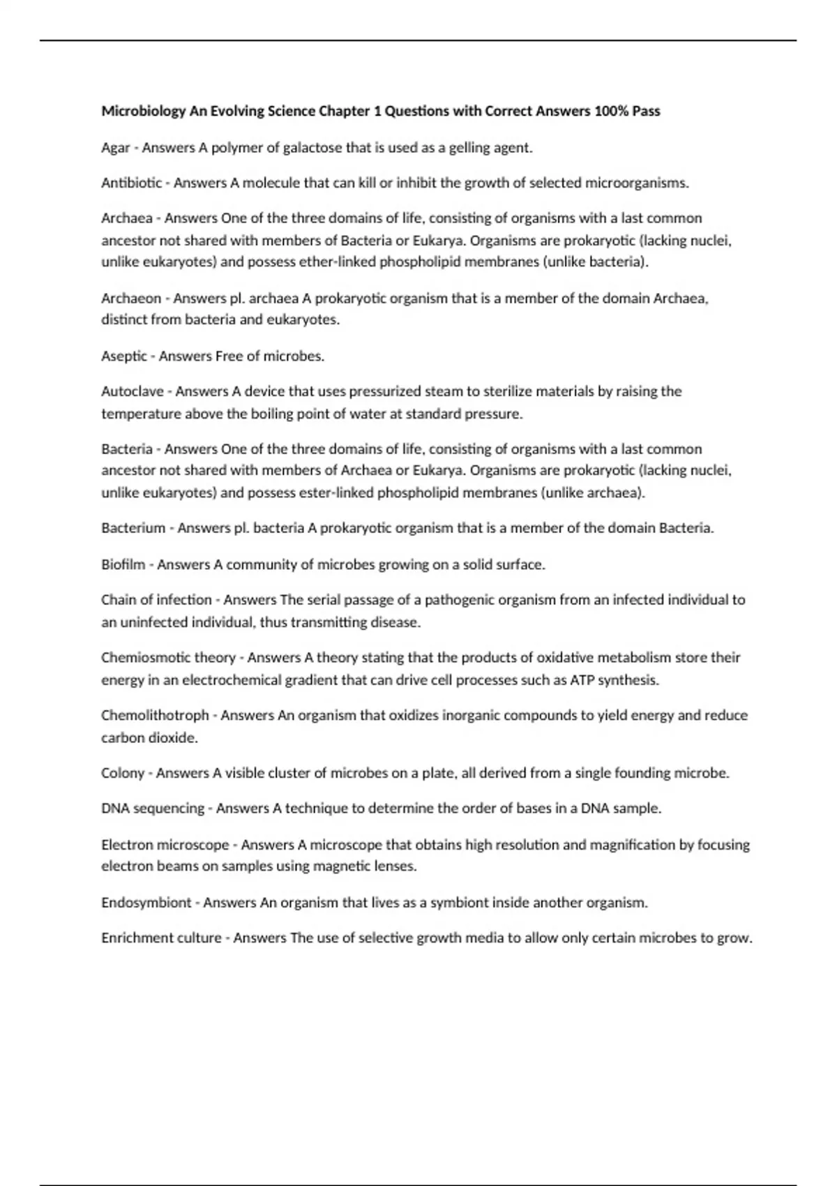 Microbiology An Evolving Science Chapter 1 Questions with Correct ...
