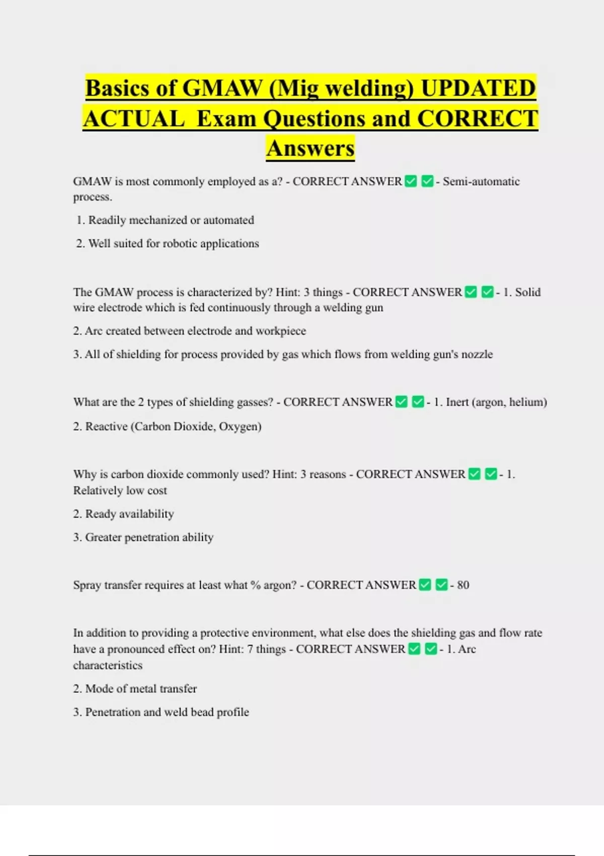 Basics of GMAW (Mig welding) UPDATED ACTUAL Exam Questions and CORRECT Answers - MIG Welding ...