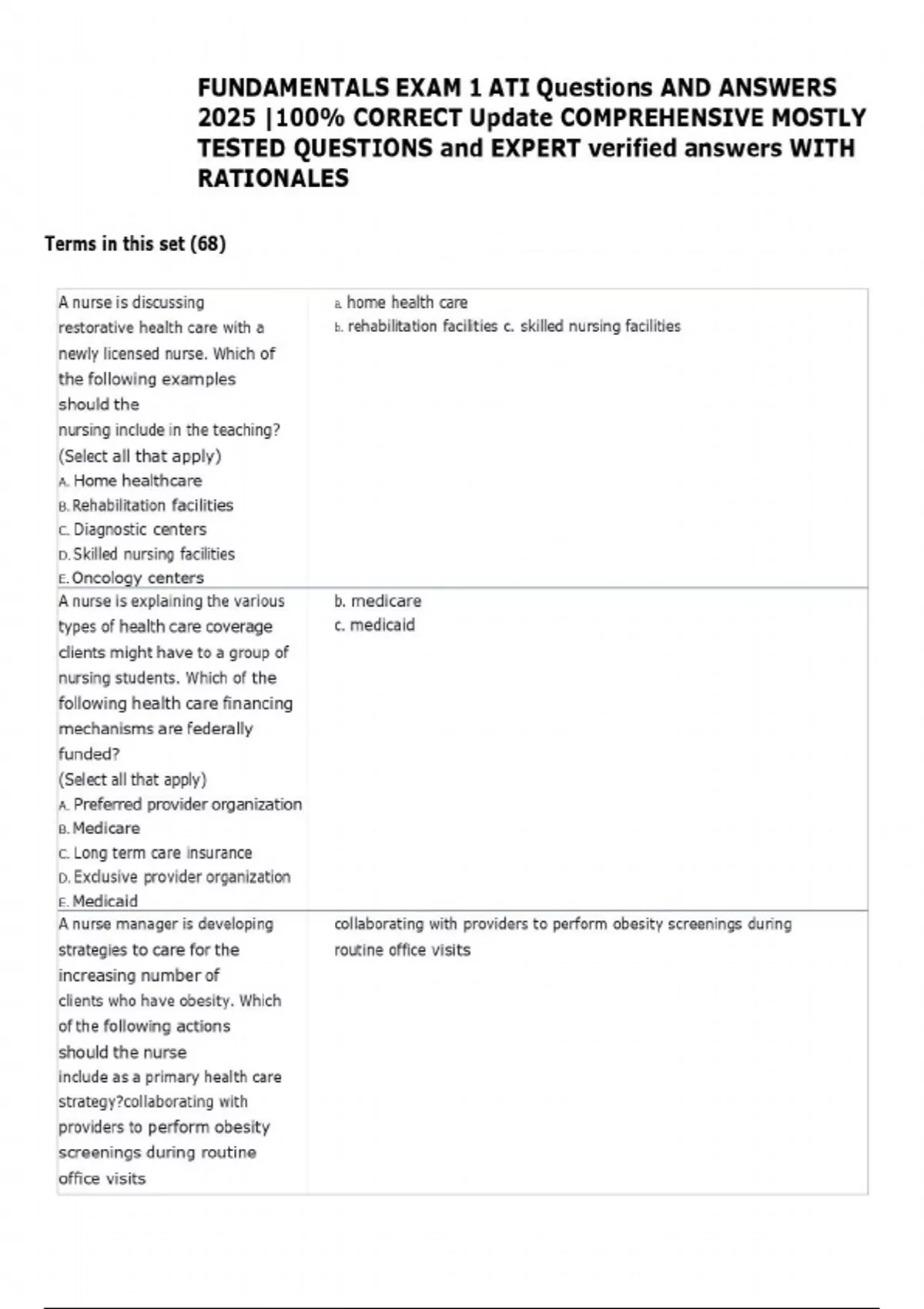 FUNDAMENTALS EXAM 1 ATI Questions AND ANSWERS 2025 |100% CORRECT Update ...