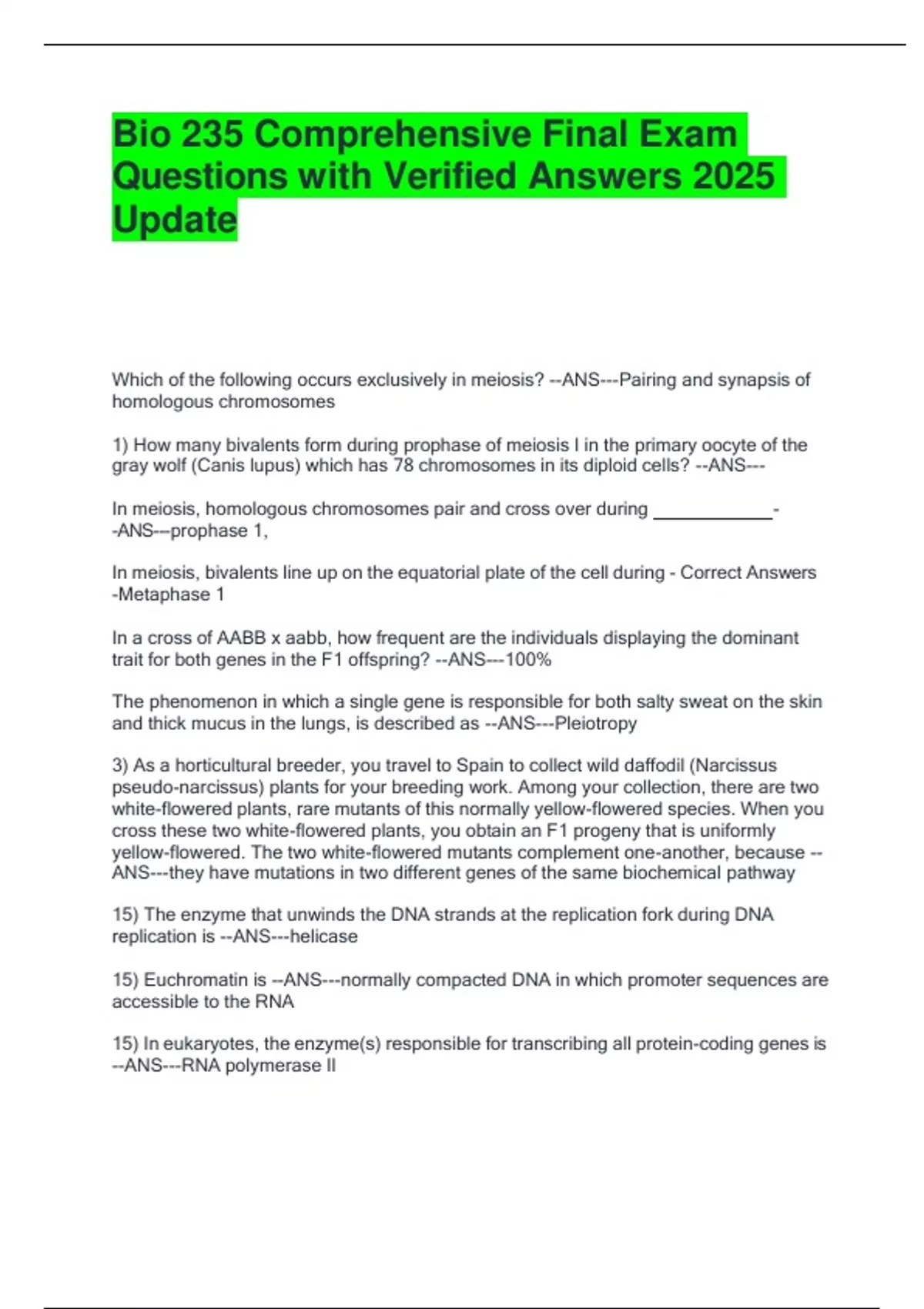 Bio 235 Comprehensive Final Exam Questions With Verified Answers 2025