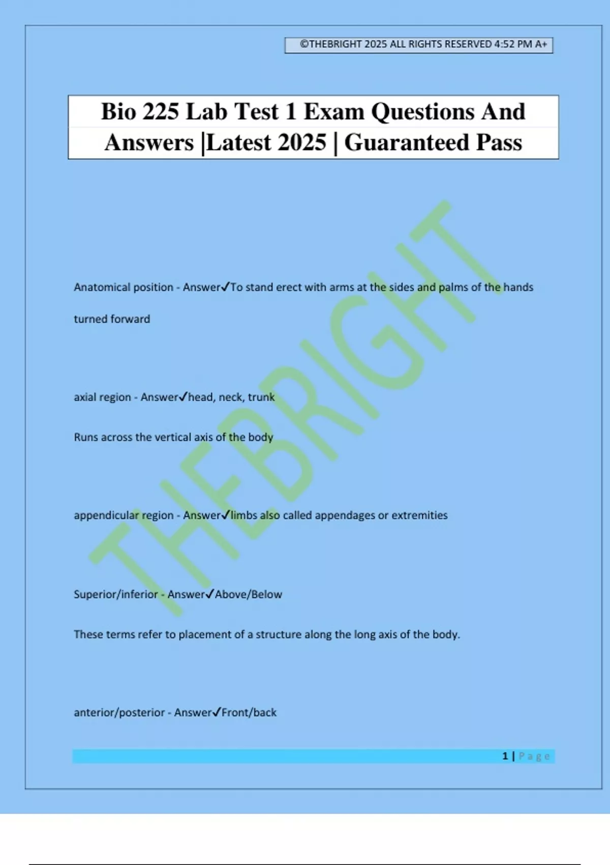Bio 225 Lab Test 1 Exam Questions And Answers |Latest 2025 | Guaranteed ...