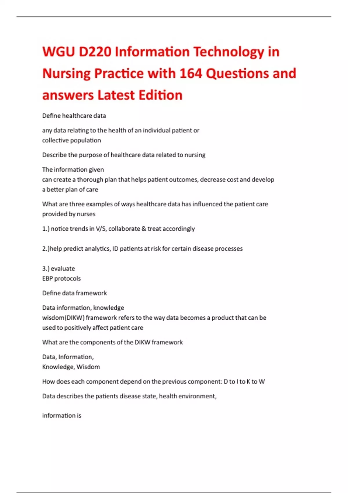 WGU D220 Information Technology in Nursing Practice with 164 Questions ...