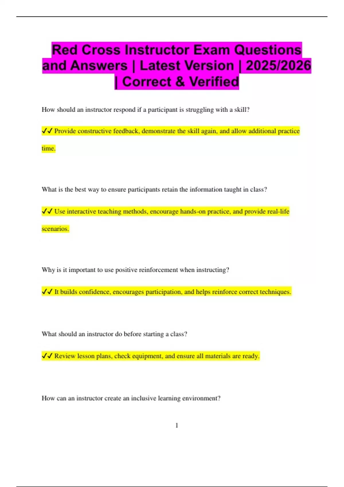 Red Cross Instructor Exam Questions and Answers | Latest Version | 2025 ...
