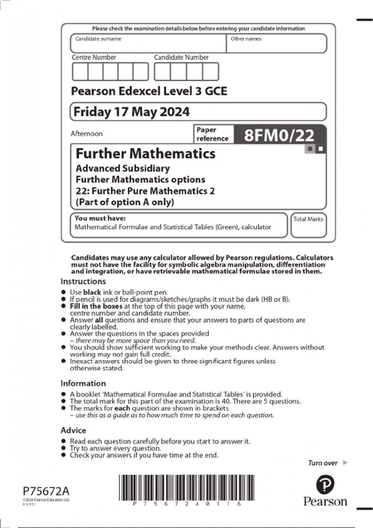 2024 Pearson Edexcel Level 3 GCE Further Mathematics Advanced ...