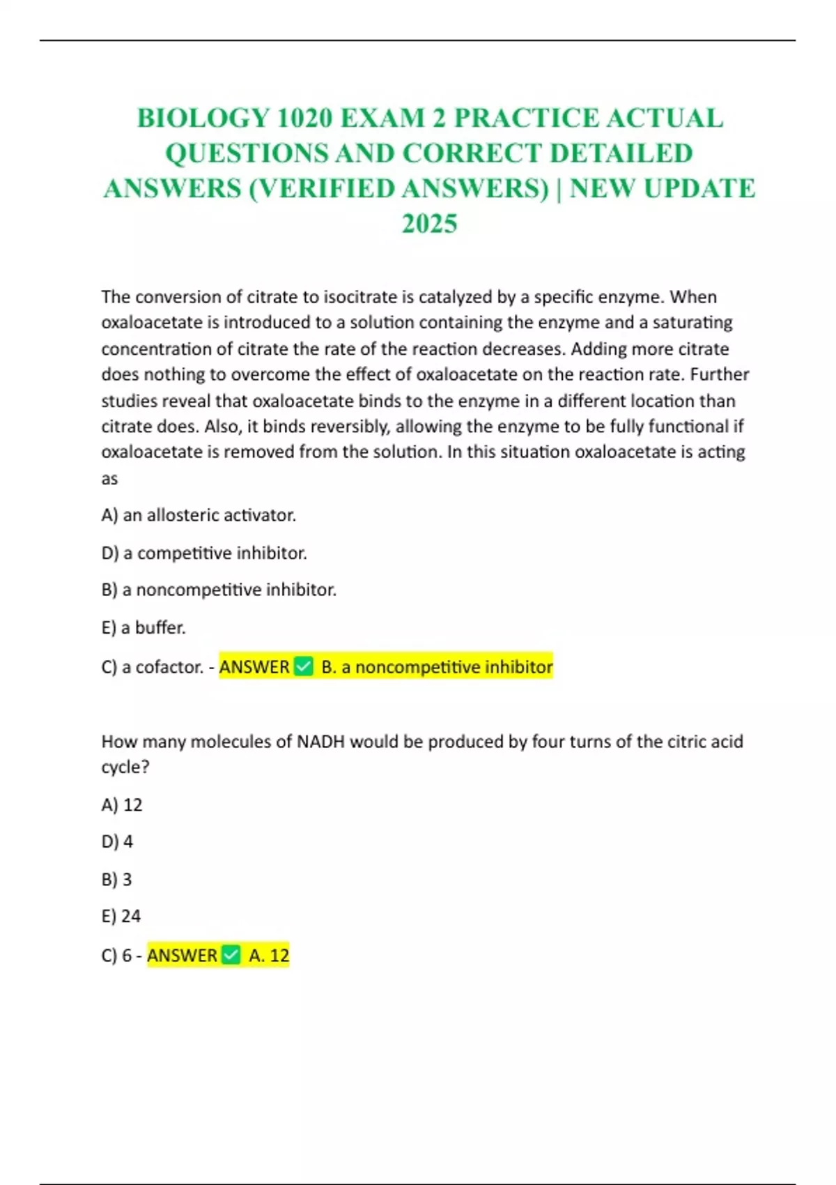 BIOLOGY 1020 EXAM 2 PRACTICE ACTUAL QUESTIONS AND CORRECT DETAILED ...
