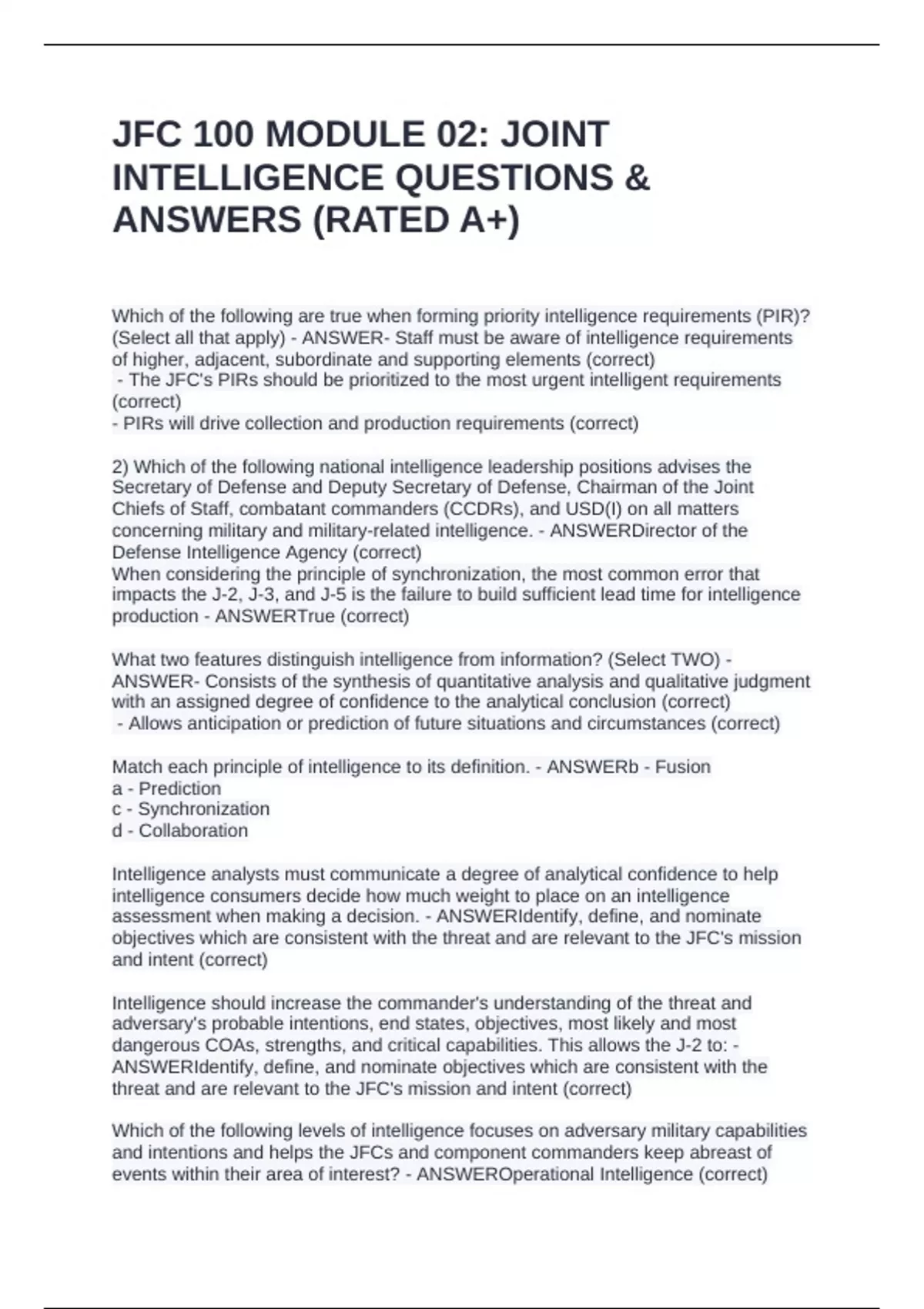 Jfc 100 Module JFC 100 MODULE 02: JOINT INTELLIGENCE QUESTIONS & ANSWERS (RATED A+ ...