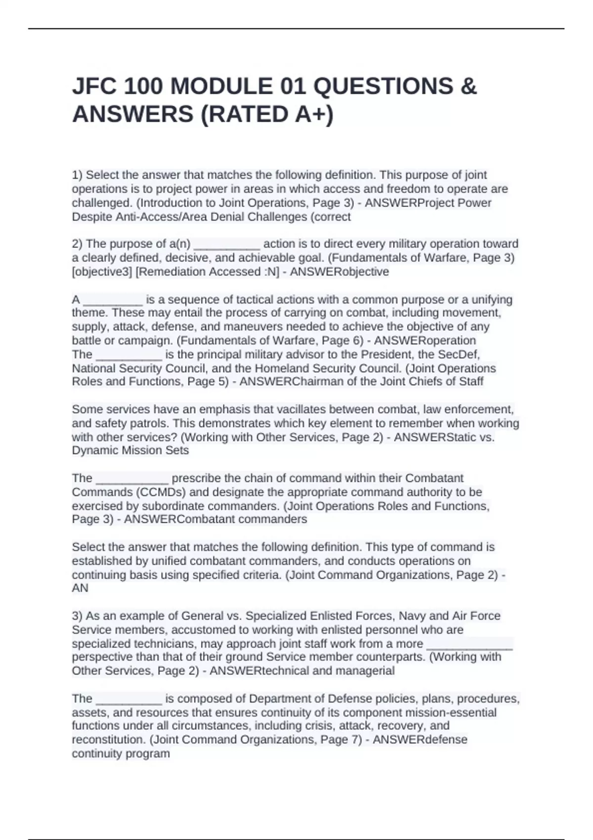 Jfc 100 Module JFC 100 MODULE 01 QUESTIONS & ANSWERS (RATED A+) - JFC 100 MODULE 01 ...
