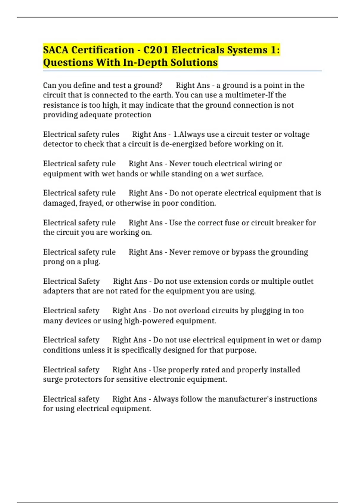 Saca Test Example SACA Certification - C201 Electricals Systems 1: Questions With In ...