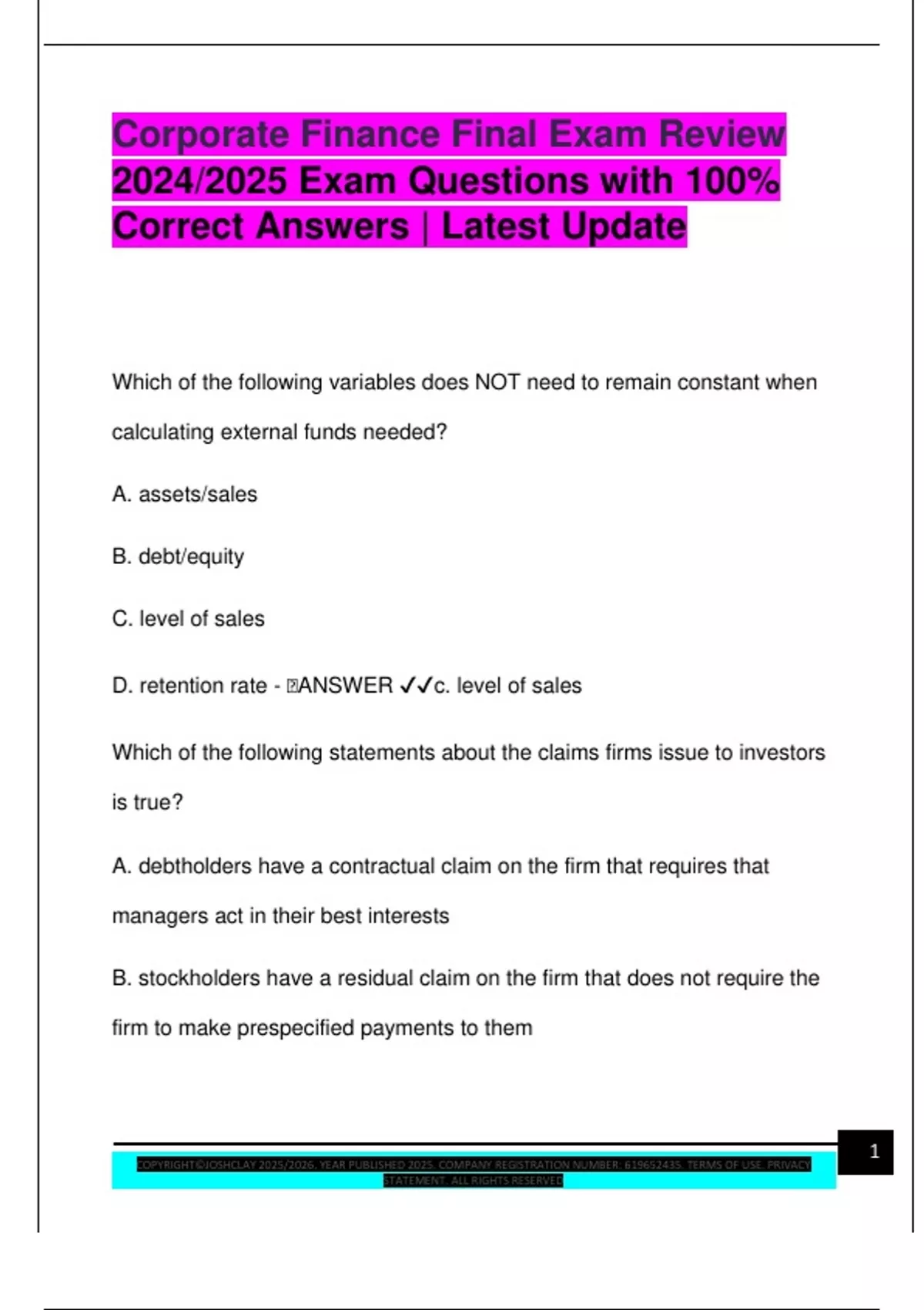Corporate Finance Final Exam Review 2024/2025 Exam Questions with 100% ...