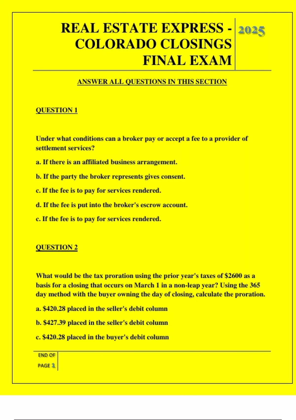 REAL ESTATE EXPRESS - COLORADO CLOSINGS FINAL EXAM QUESTIONS AND ANSWERS 2025 - REAL ESTATE ...