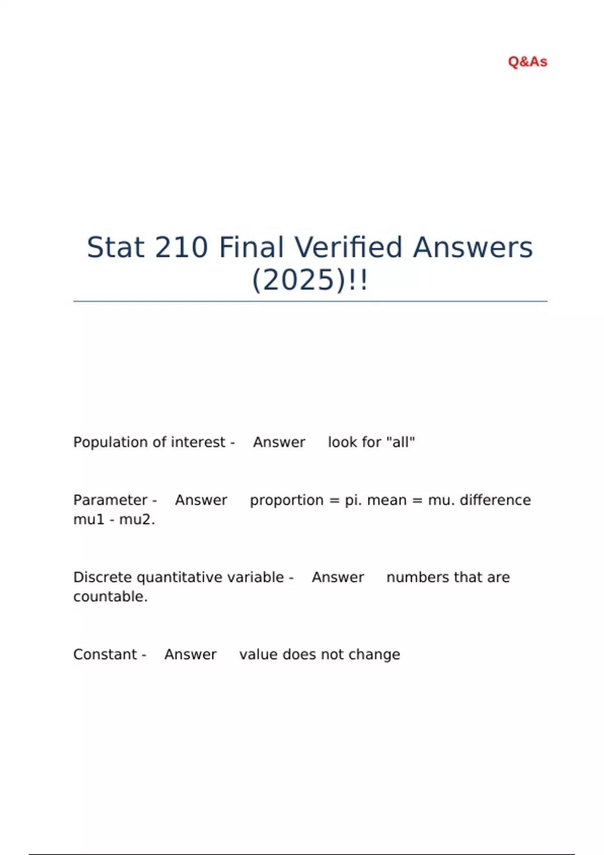 Stat 210 Final Verified Answers 2025 Stat 210 Stuvia Us