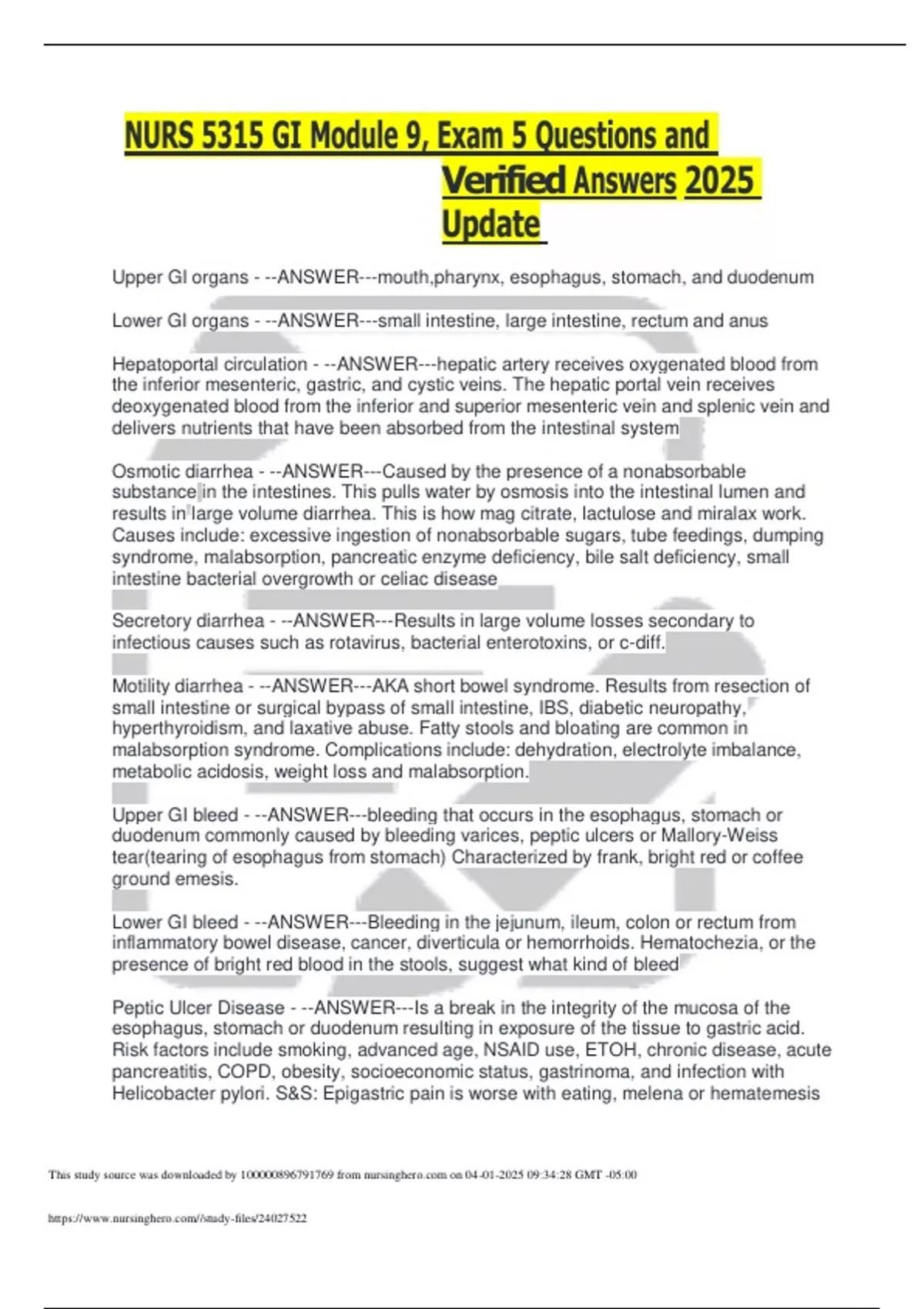 NURS 5315 GI Module 9, Exam 5 Questions and Verified Answers 2025 ...