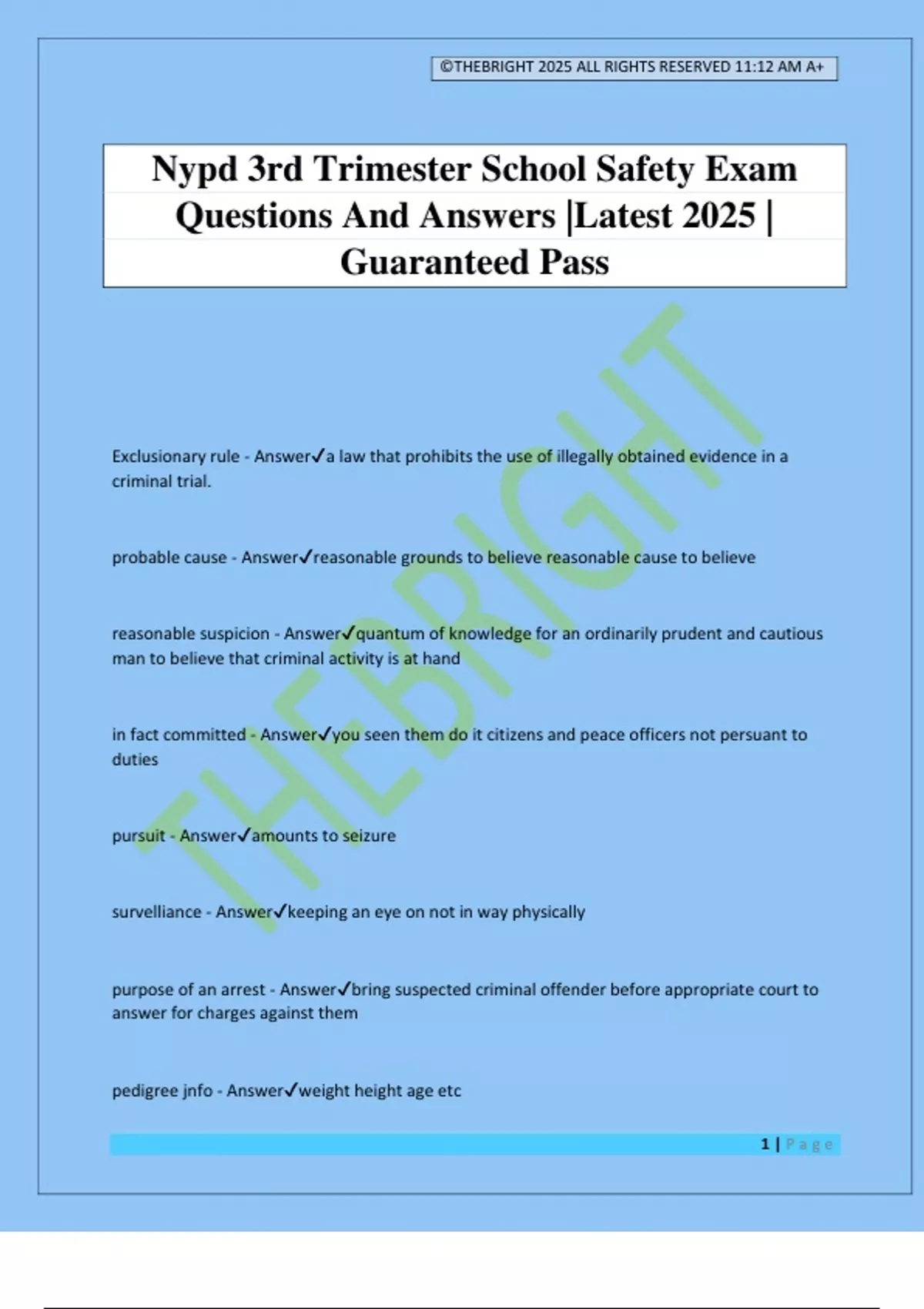 Nypd 3rd Trimester School Safety Exam Questions And Answers |Latest 2025 | Guaranteed Pass ...