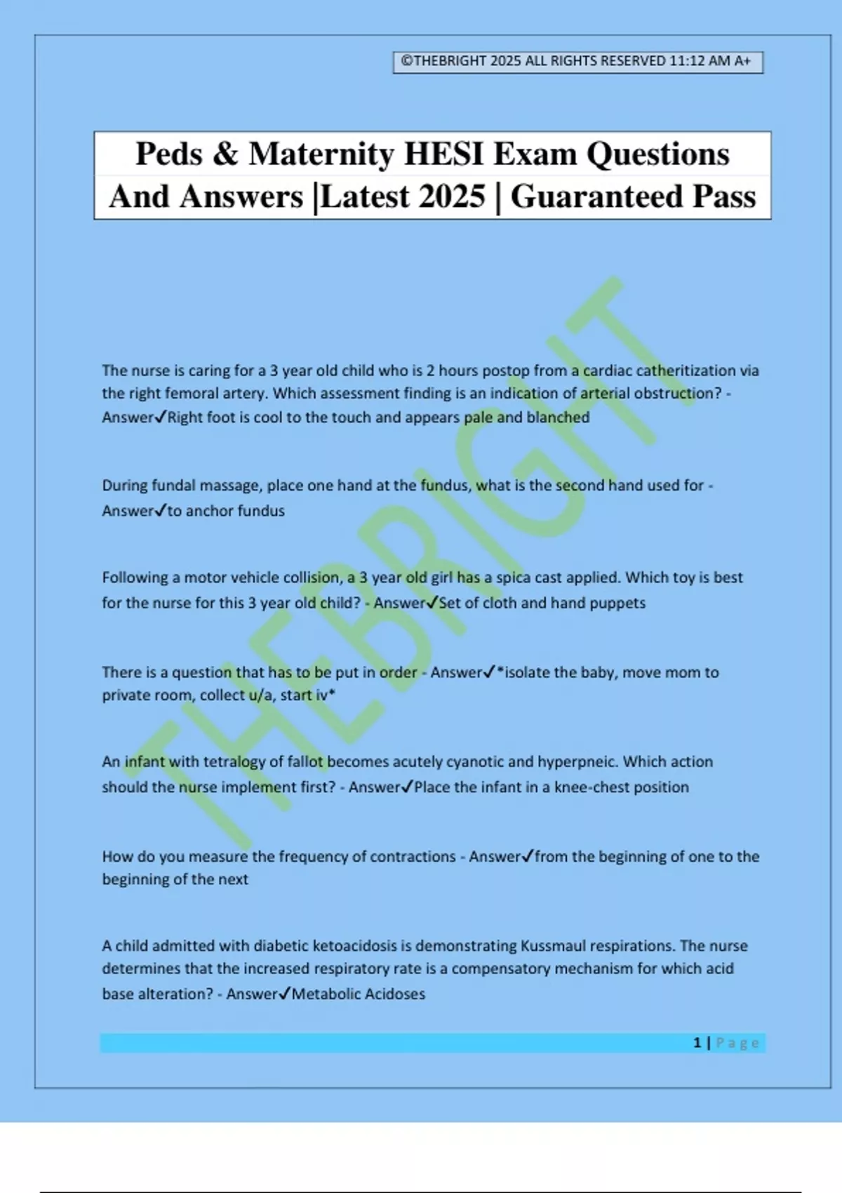 Peds & Maternity HESI Exam Questions And Answers |Latest 2025 ...