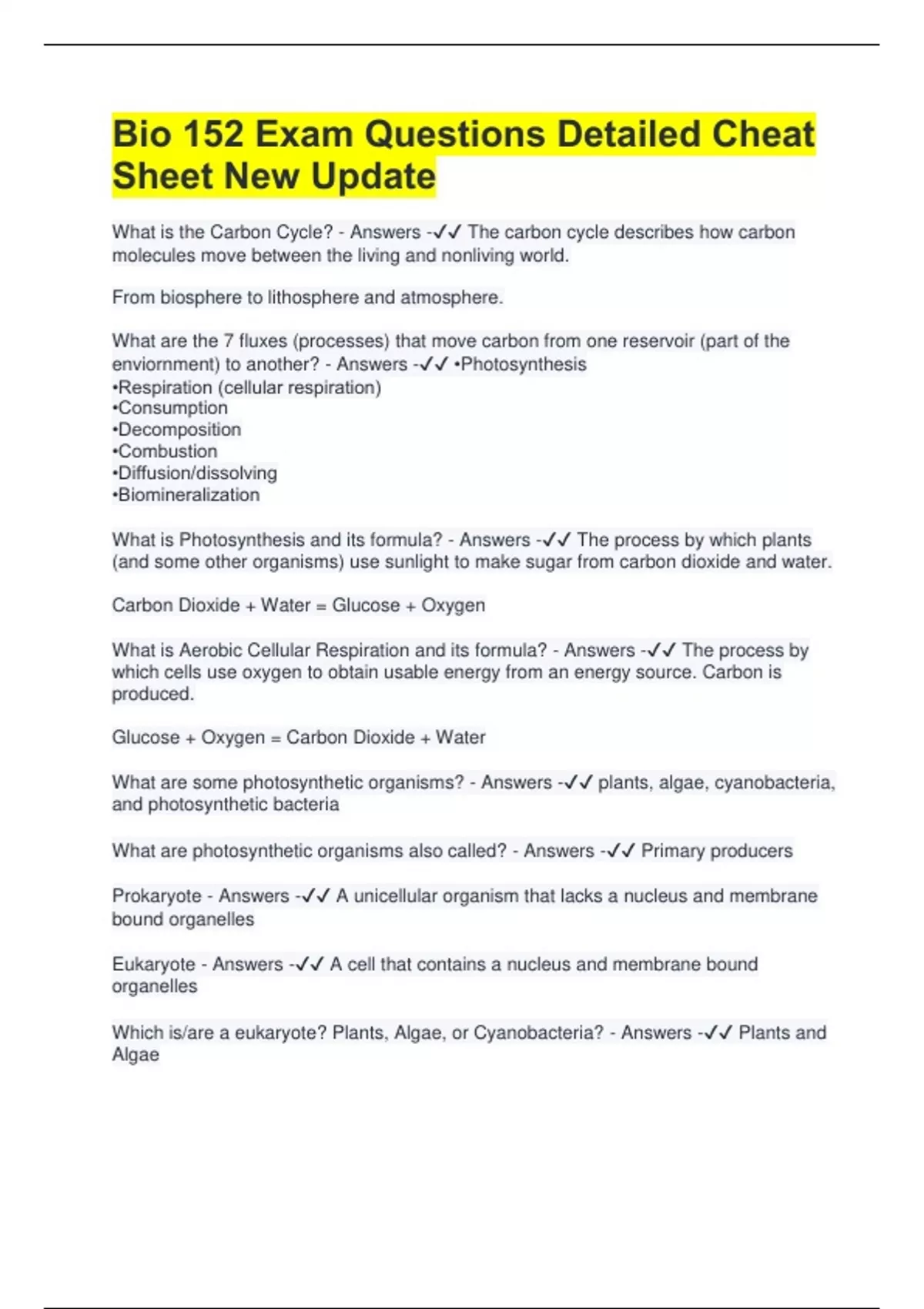 Bio 152 Exam Questions Detailed Cheat Sheet New Update - Bio 152 ...