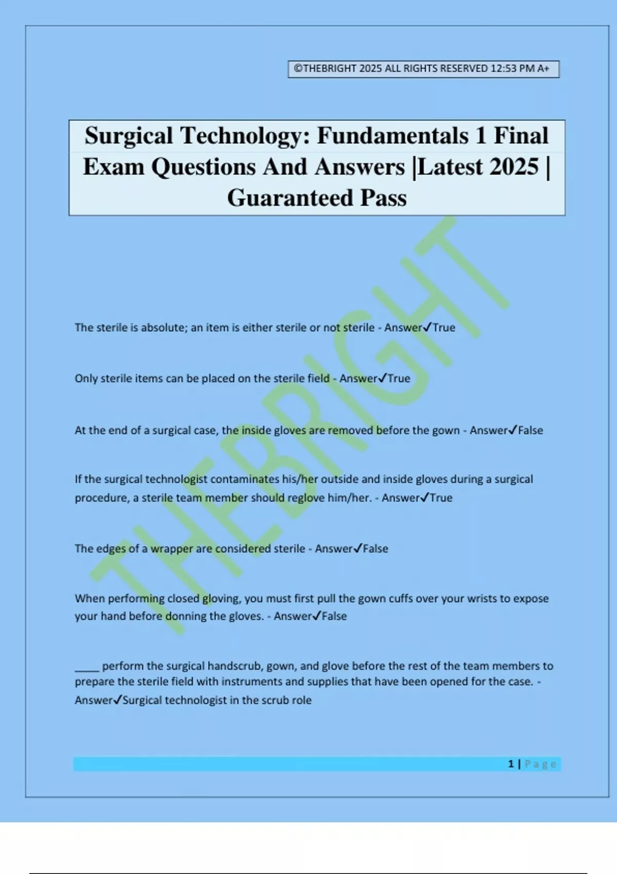 Surgical Technology: Fundamentals 1 Final Exam Questions And Answers ...