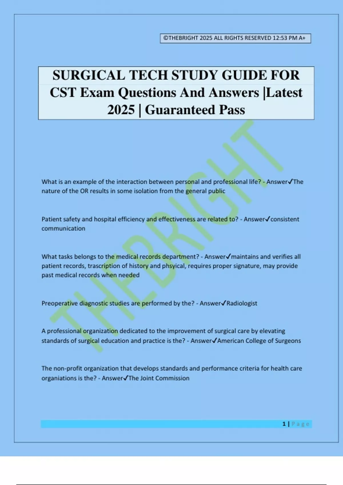 SURGICAL TECH STUDY GUIDE FOR CST Exam Questions And Answers |Latest ...