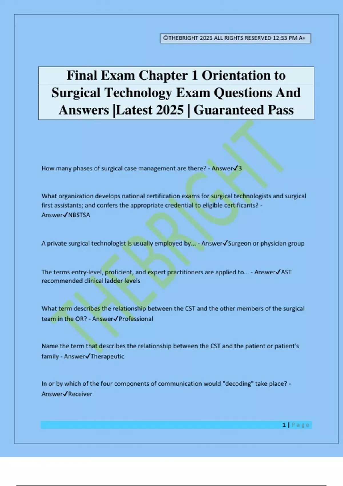 Final Exam Chapter 1 Orientation to Surgical Technology Exam Questions ...