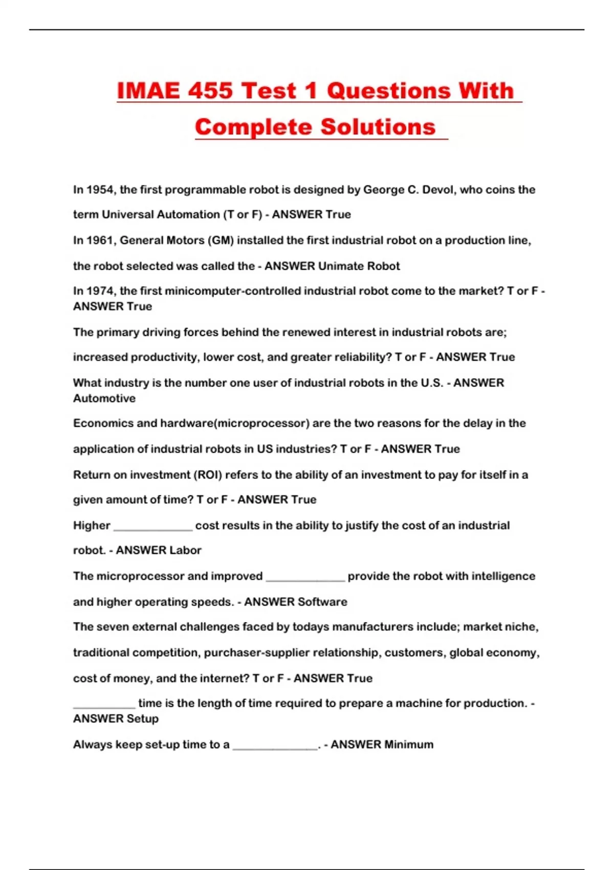 IMAE 455 Test 1 Questions With Complete Solutions - IMAE 455 - Stuvia US