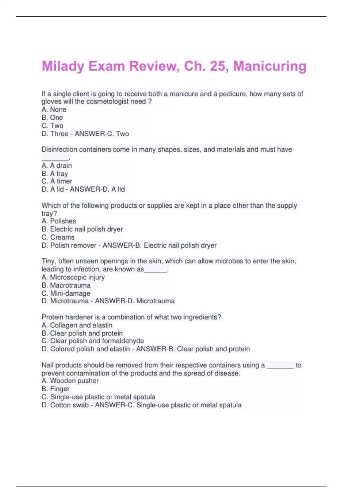 Milady Exam Review, Ch. 25, Manicuring Questions and Answers|2025 Update|100% Correct - Milady ...