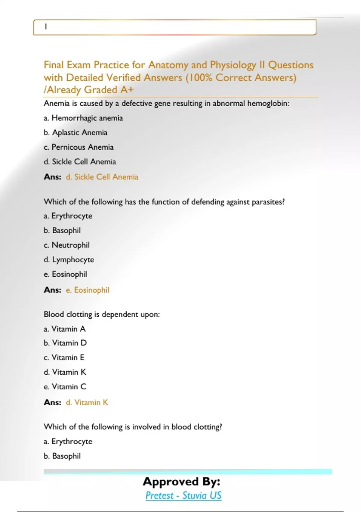 Final Exam Practice for Anatomy and Physiology II Questions with ...