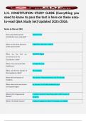 U&period;S&period; CONSTITUTION STUDY GUIDE &lpar;Everything you need to know to pass the test is here on these easy-to-read Q&A Study Set&rpar; Updated 2025&sol;2026&period;    