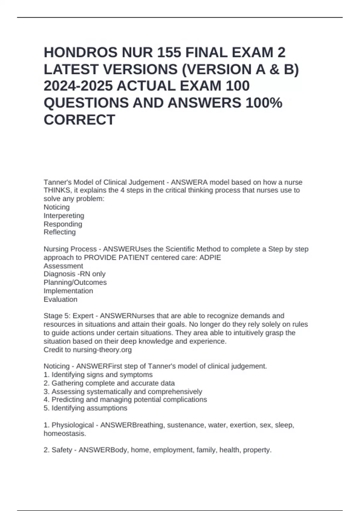 HONDROS NUR 155 FINAL EXAM 2 LATEST VERSIONS (VERSION A & B) ACTUAL ...