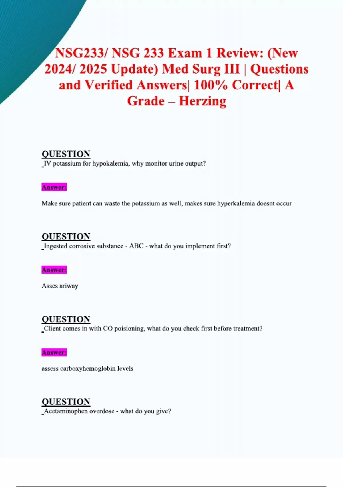 NSG233 / NSG 233 Exam 1 (Latest 2024 / 2025 Update): Medical-Surgical ...