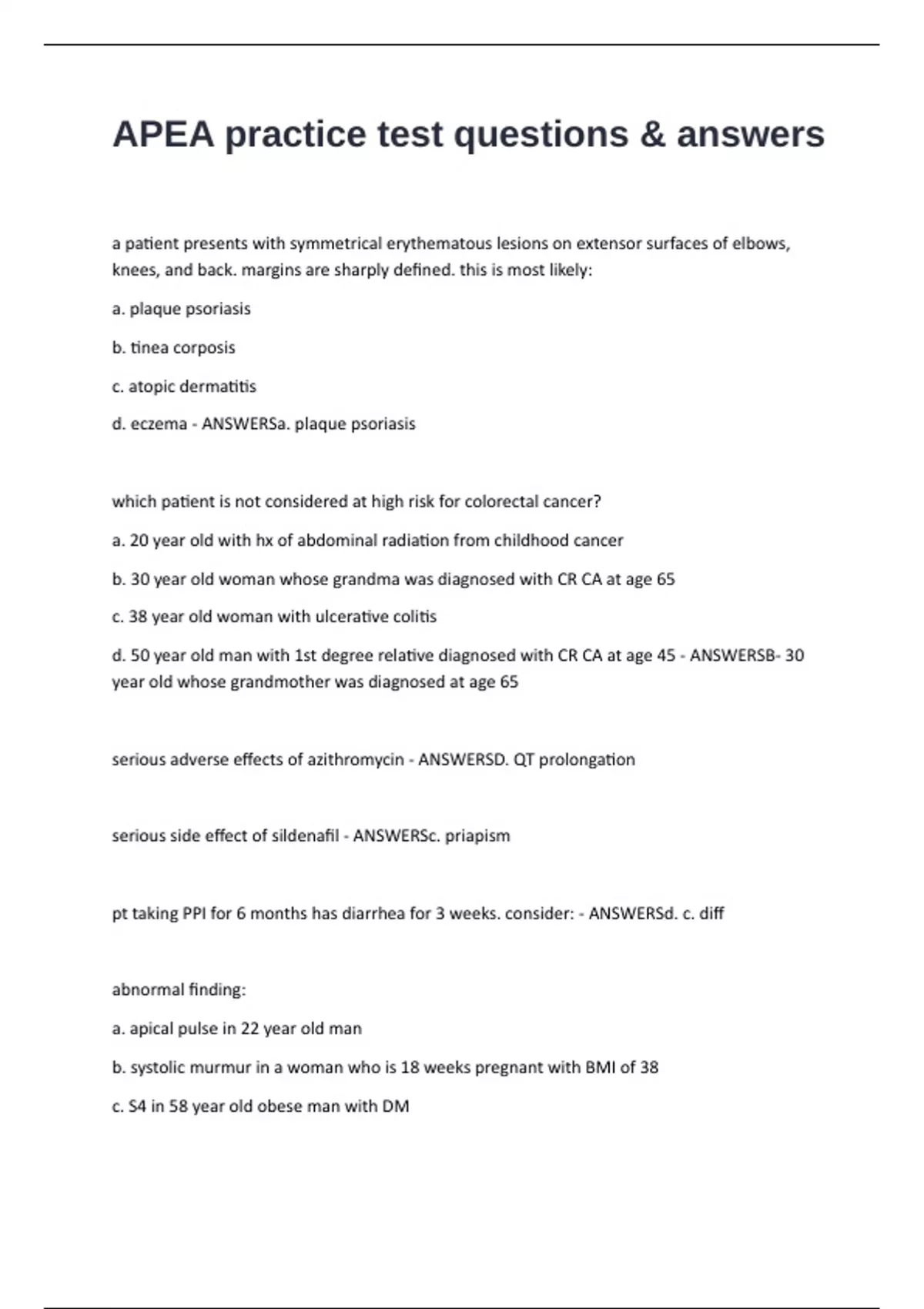 APEA practice test questions & answers - APEA practice - Stuvia US