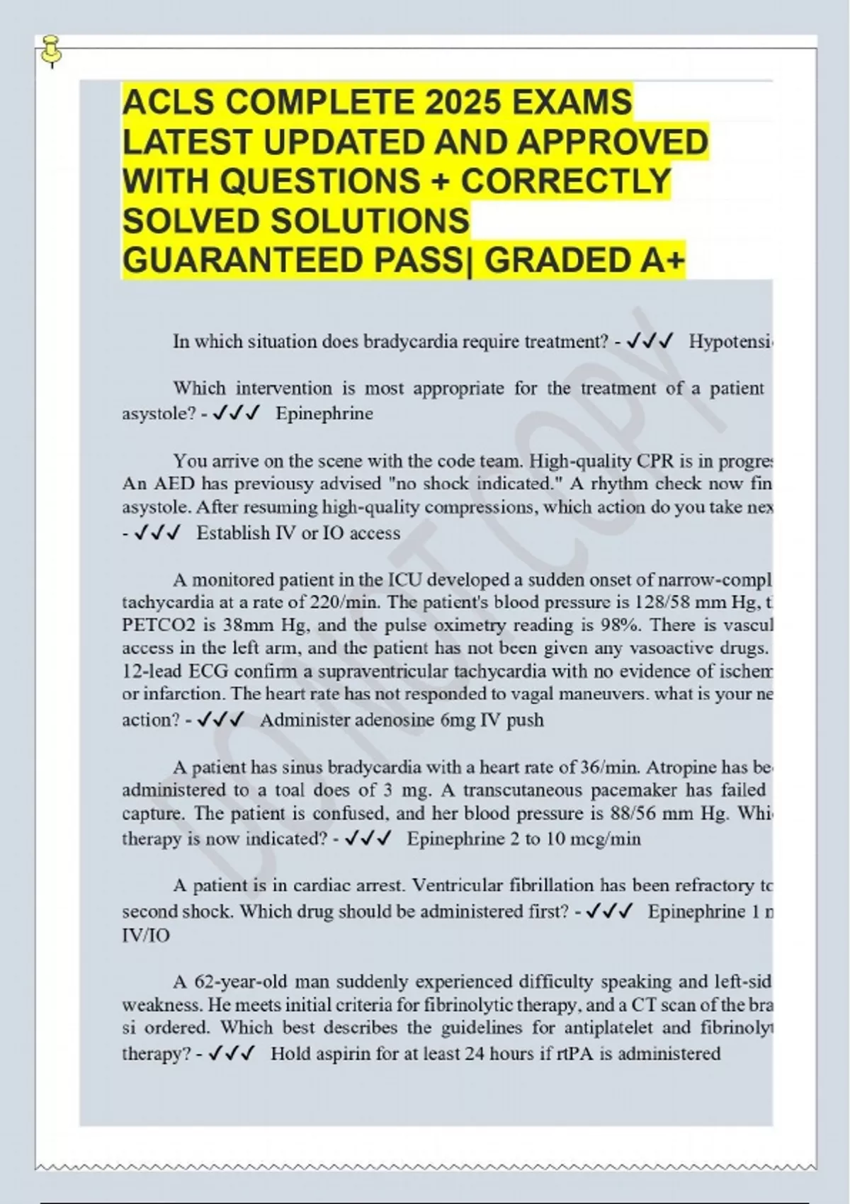 ACLS COMPLETE 2025 EXAMS LATEST UPDATED AND APPROVED WITH QUESTIONS ...