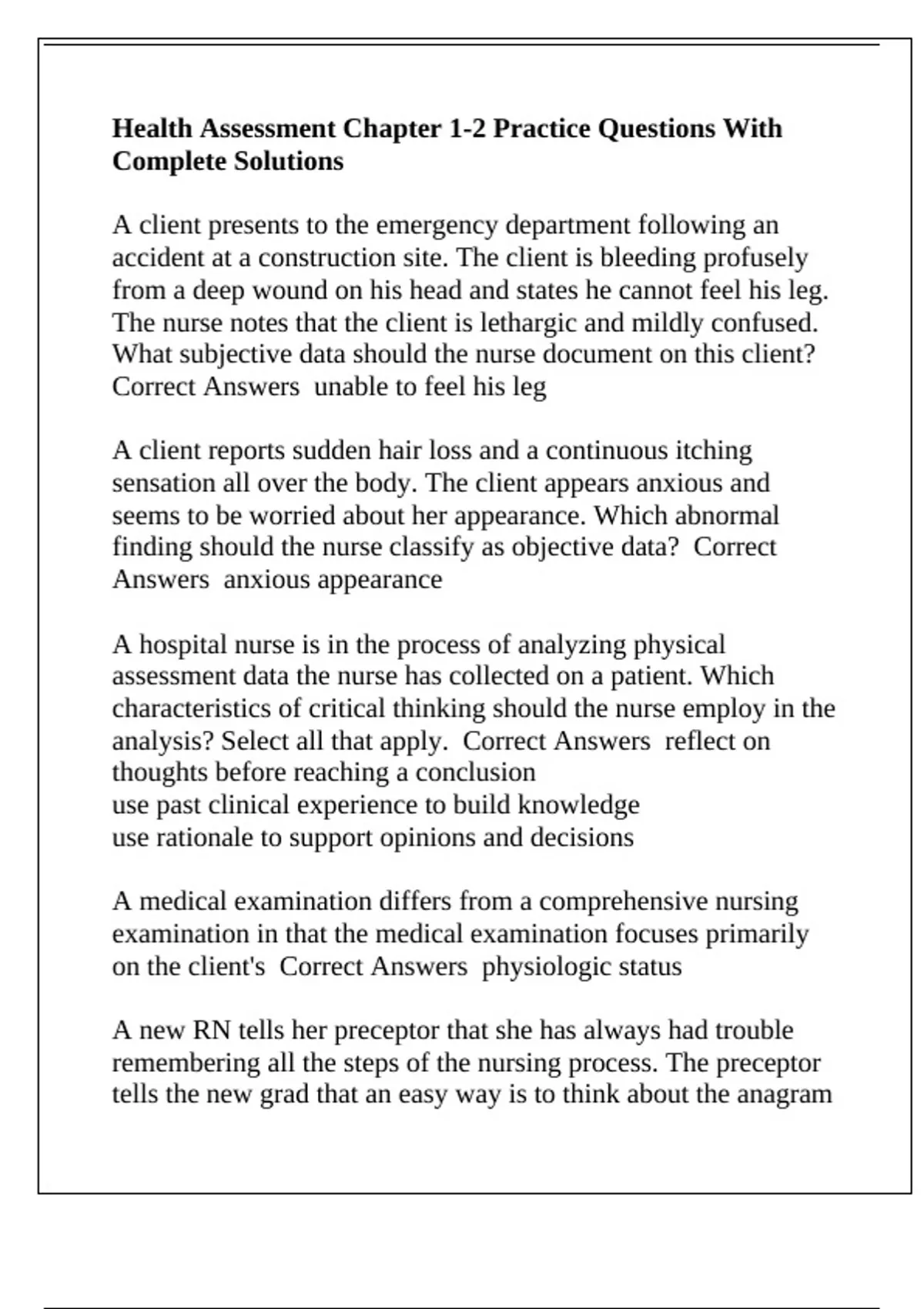 Health Assessment Chapter 1-2 Practice Questions With Complete ...