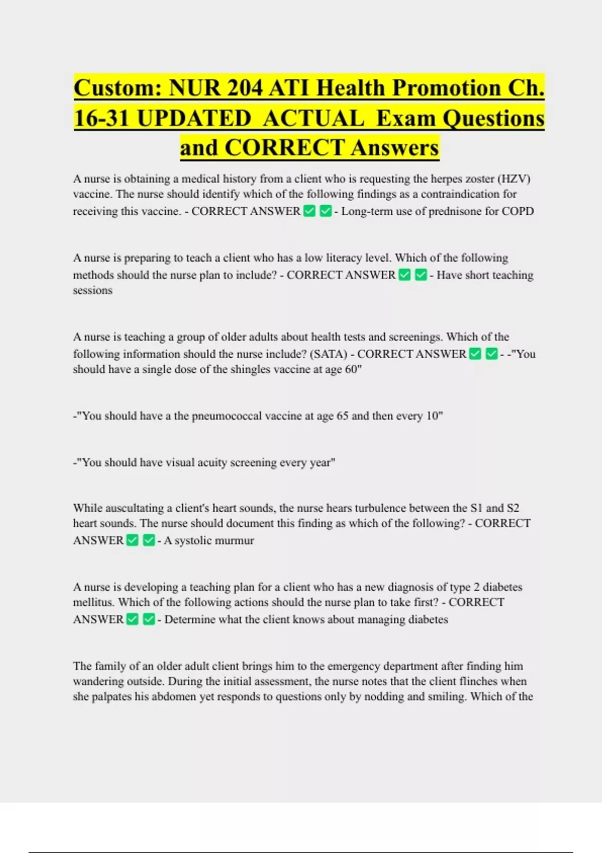 Custom: NUR 204 ATI Health Promotion Ch. 16-31 UPDATED ACTUAL Exam ...