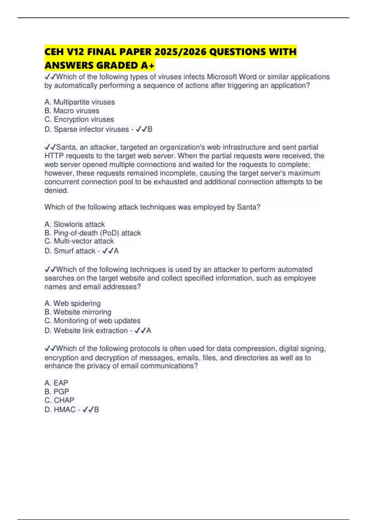 CEH V12 FINAL PAPER 2025/2026 QUESTIONS WITH ANSWERS GRADED A+ - CEH ...