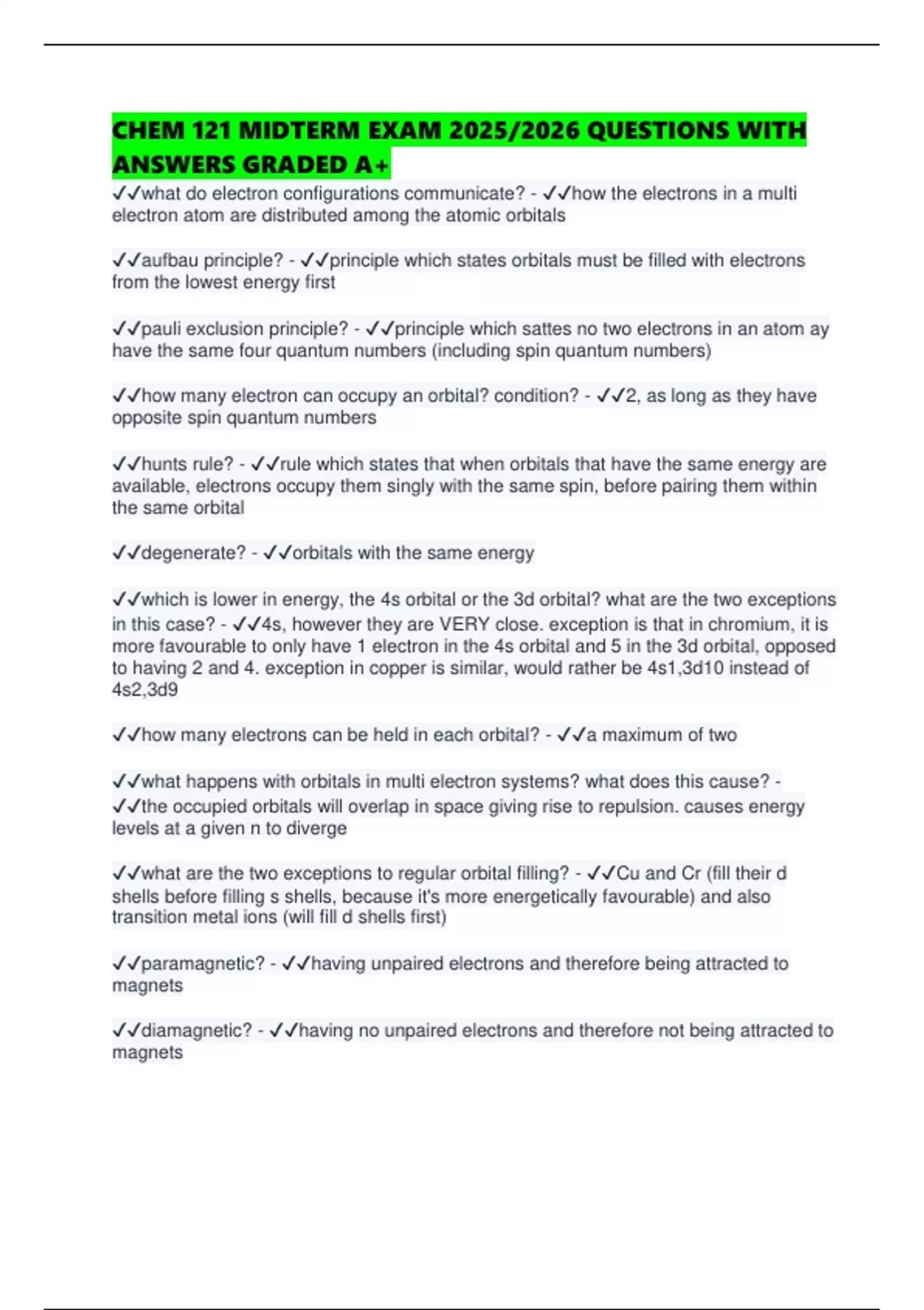 CHEM 121 MIDTERM EXAM 2025/2026 QUESTIONS WITH ANSWERS GRADED A+ - CHEM ...