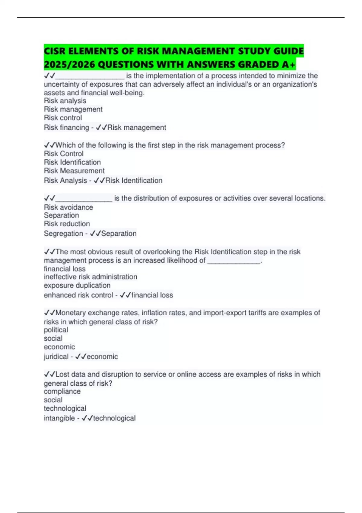 CISR ELEMENTS OF RISK MANAGEMENT STUDY GUIDE 2025/2026 QUESTIONS WITH ...