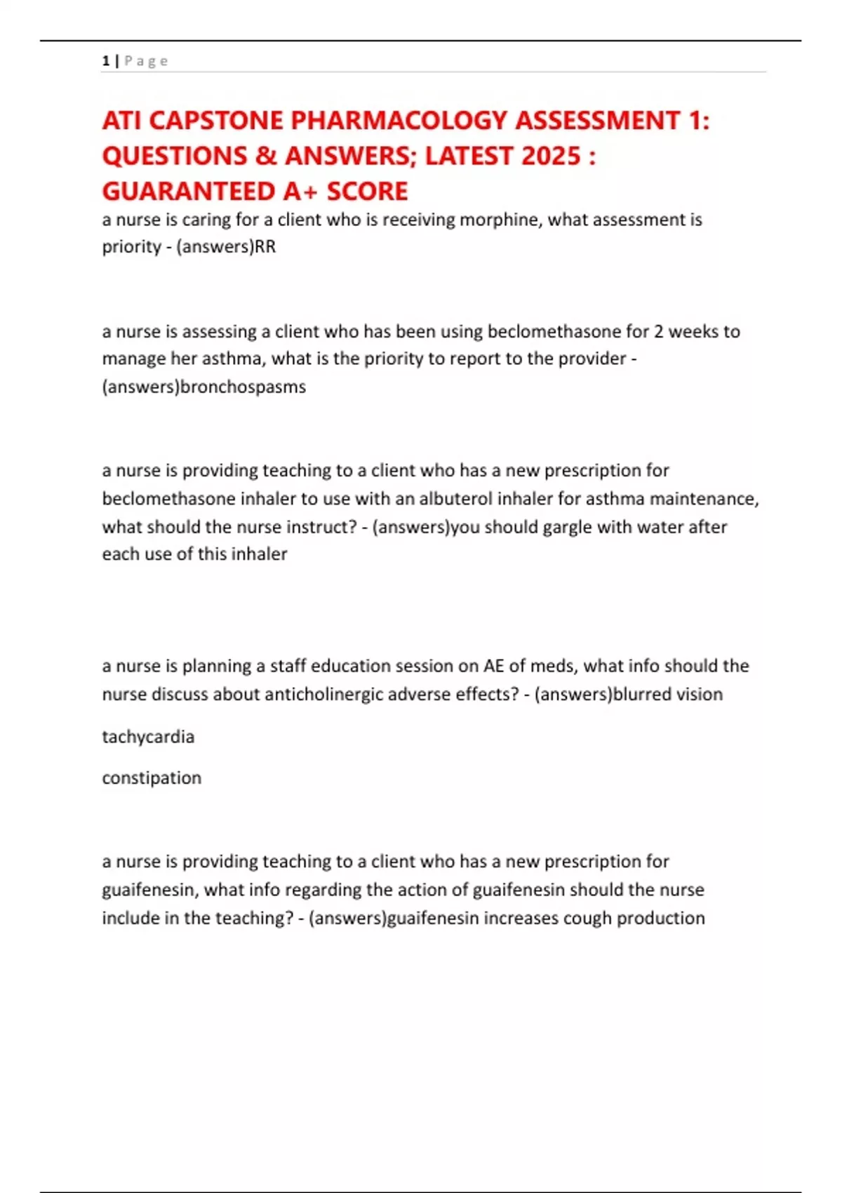 ATI CAPSTONE PHARMACOLOGY ASSESSMENT 1: QUESTIONS & ANSWERS; LATEST ...