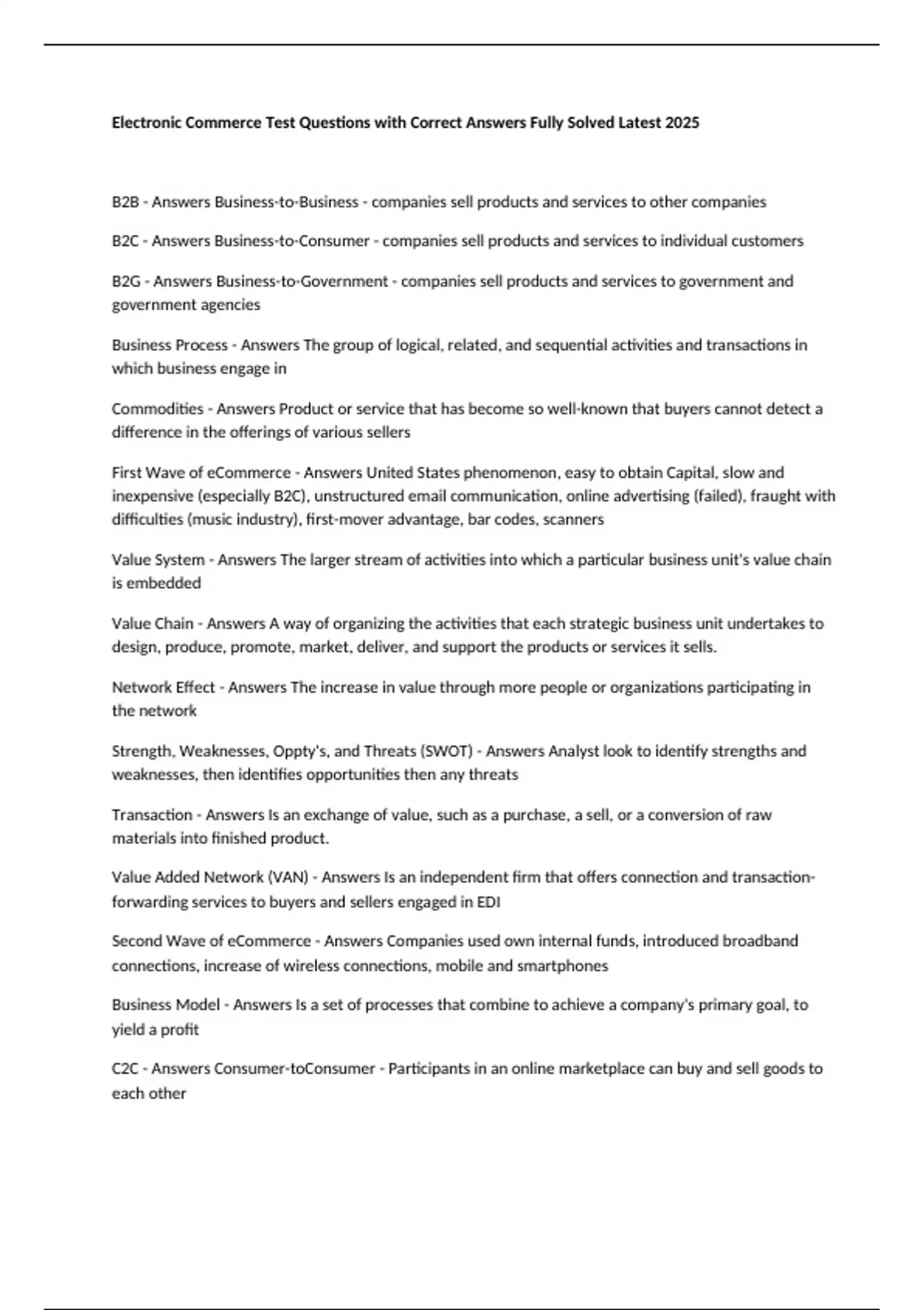 Electronic Commerce Test Questions with Correct Answers Fully Solved ...