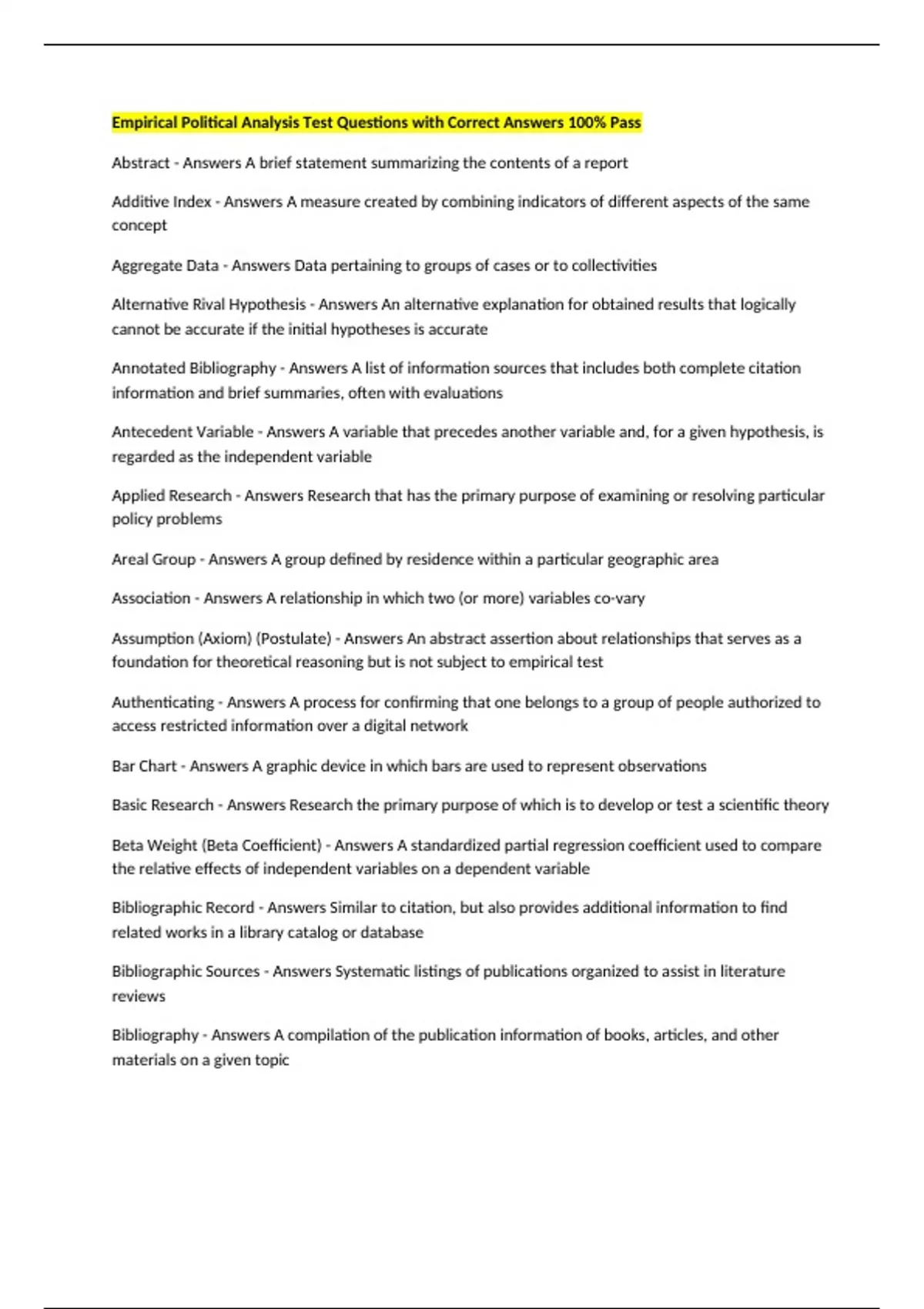Empirical Political Analysis Test Questions with Correct Answers 100% ...