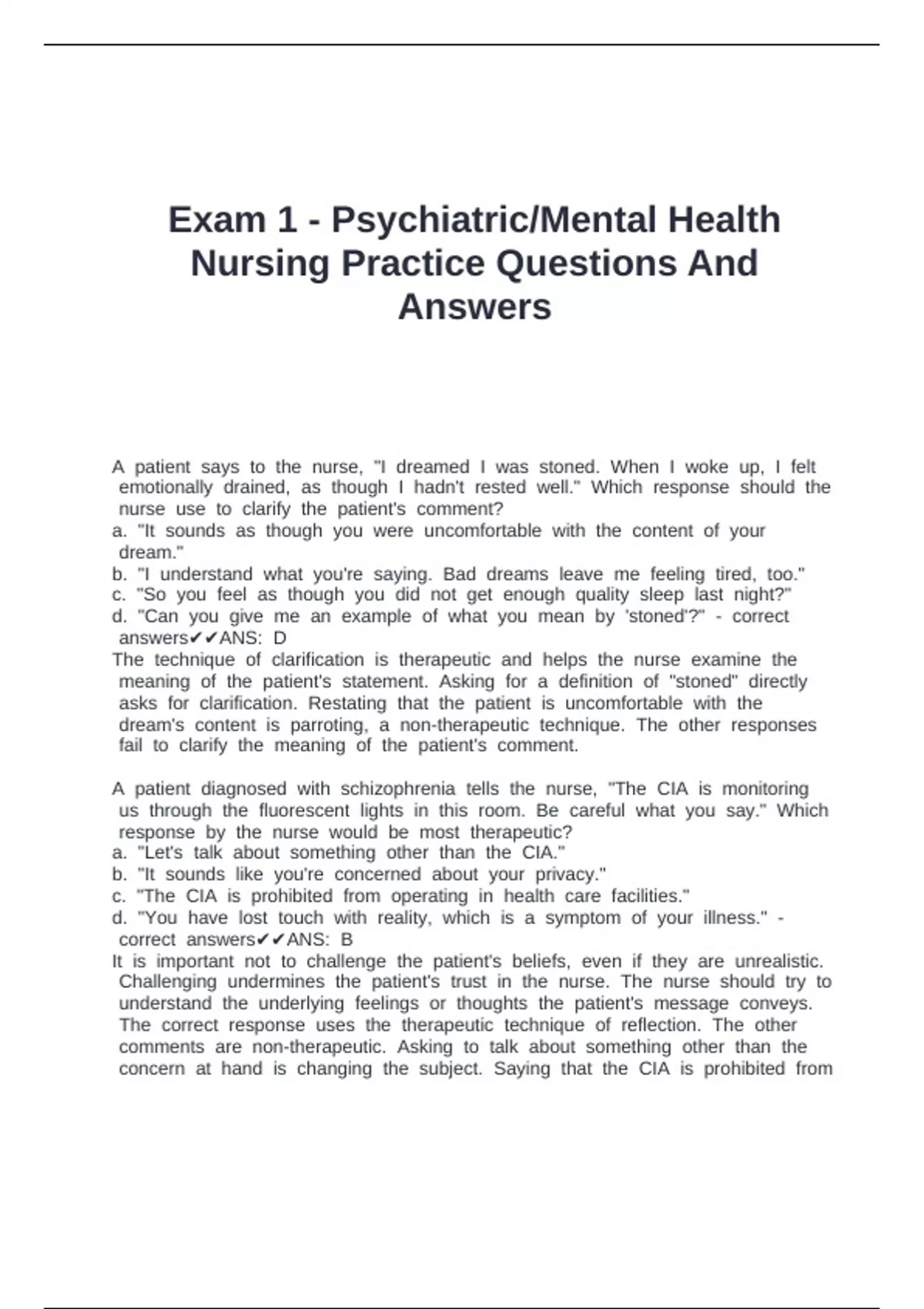 Exam 1 - Psychiatric/Mental Health Nursing Practice Questions And ...