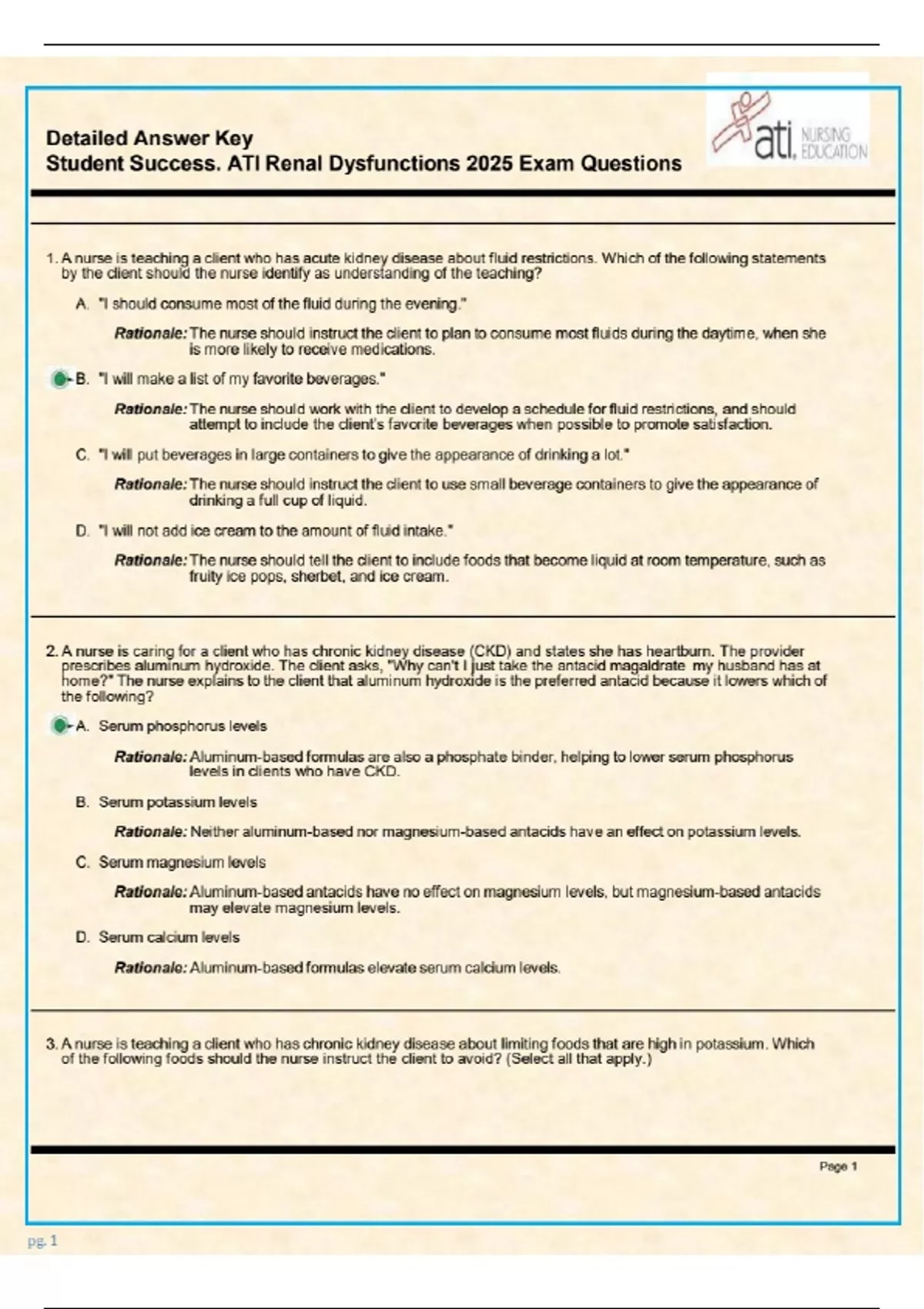 ATI Renal Dysfunctions Real Exam Questions and Correct Answers - ATI ...