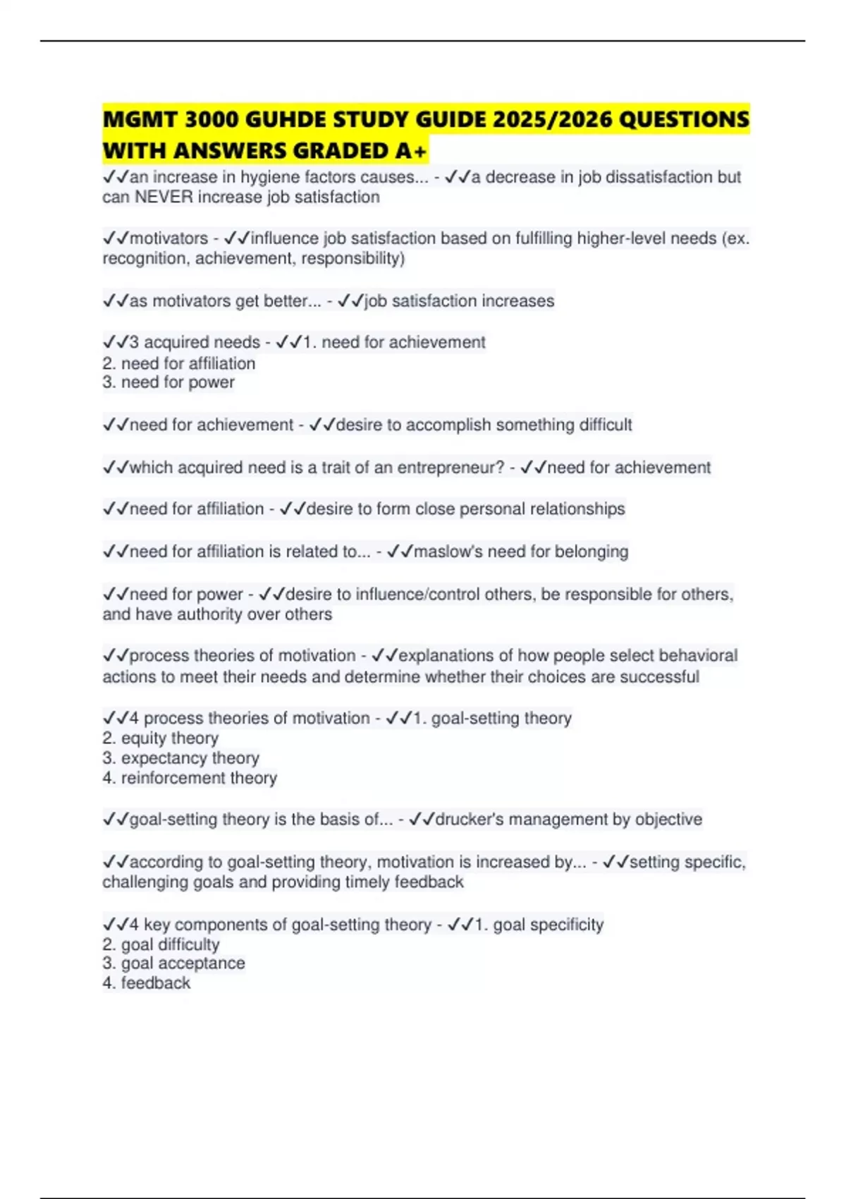 MGMT 3000 GUHDE STUDY GUIDE 2025/2026 QUESTIONS WITH ANSWERS GRADED A+ ...