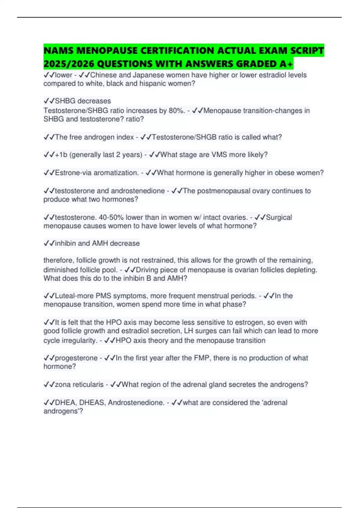 NAMS MENOPAUSE CERTIFICATION ACTUAL EXAM SCRIPT 2025/2026 QUESTIONS ...