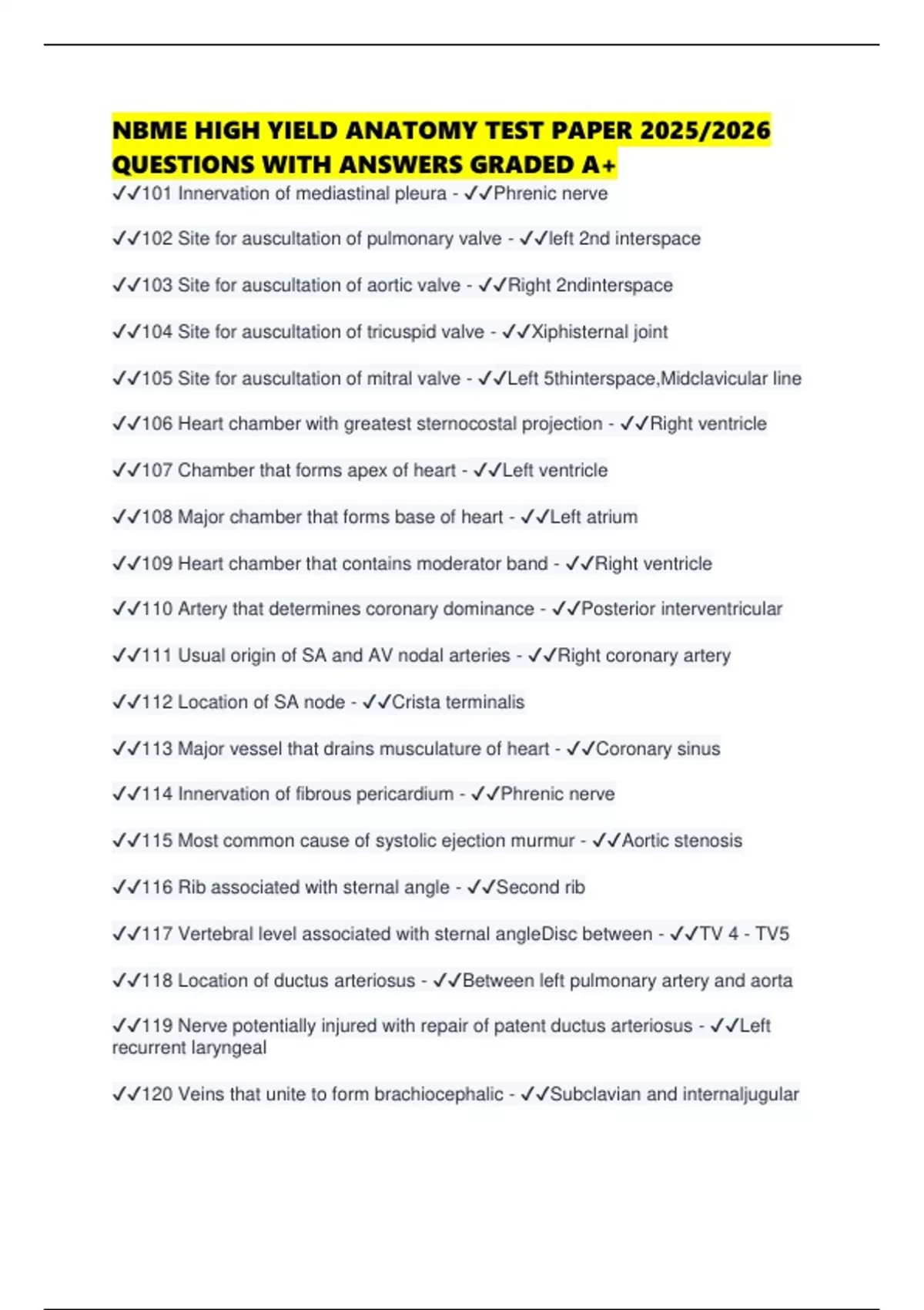 NBME HIGH YIELD ANATOMY TEST PAPER 2025/2026 QUESTIONS WITH ANSWERS ...