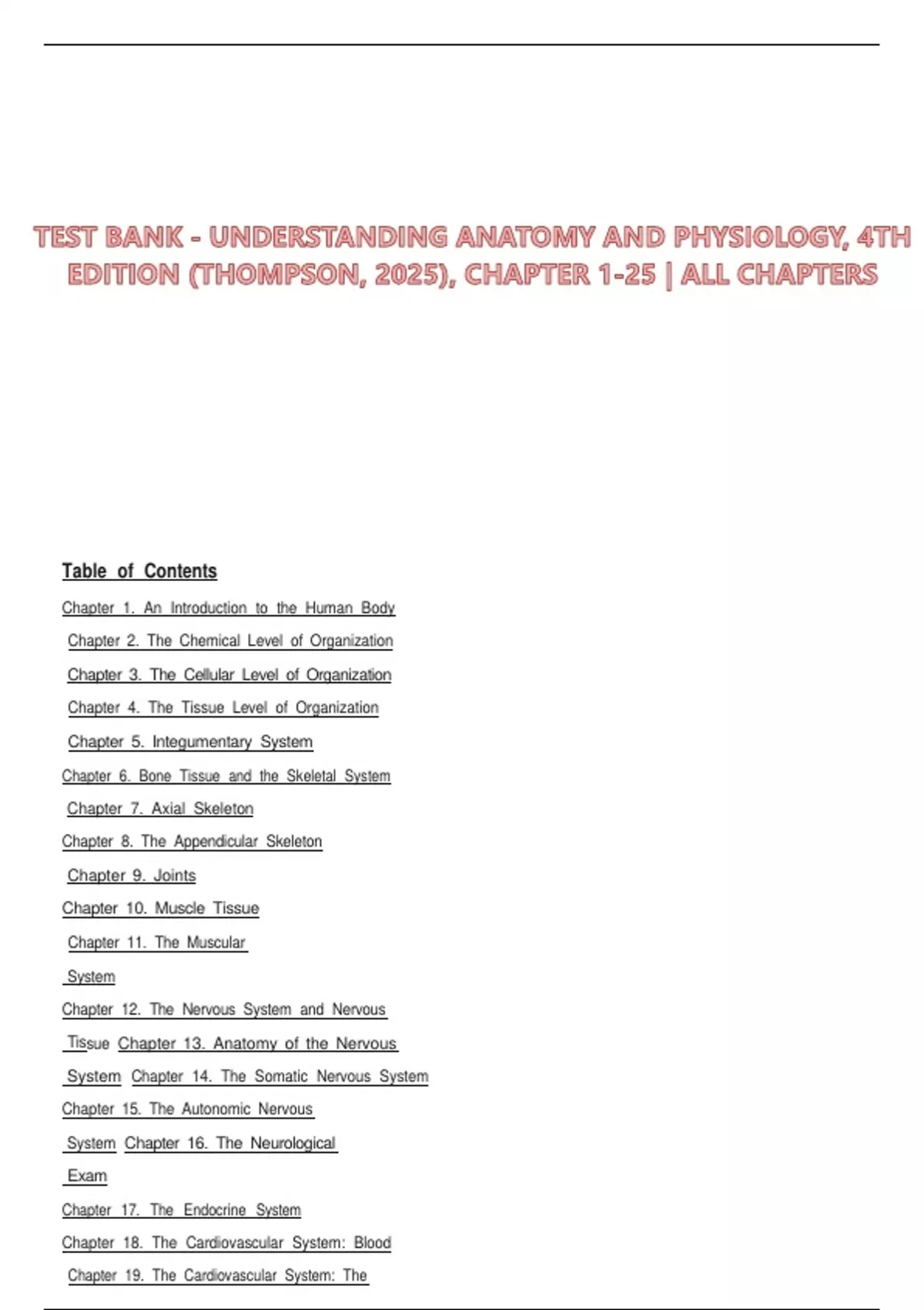 TEST BANK UNDERSTANDING ANATOMY AND PHYSIOLOGY, 4TH EDITION (THOMPSON