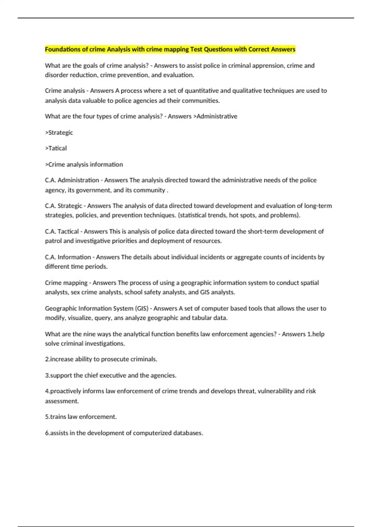 Foundations of crime Analysis with crime mapping Test Questions with ...