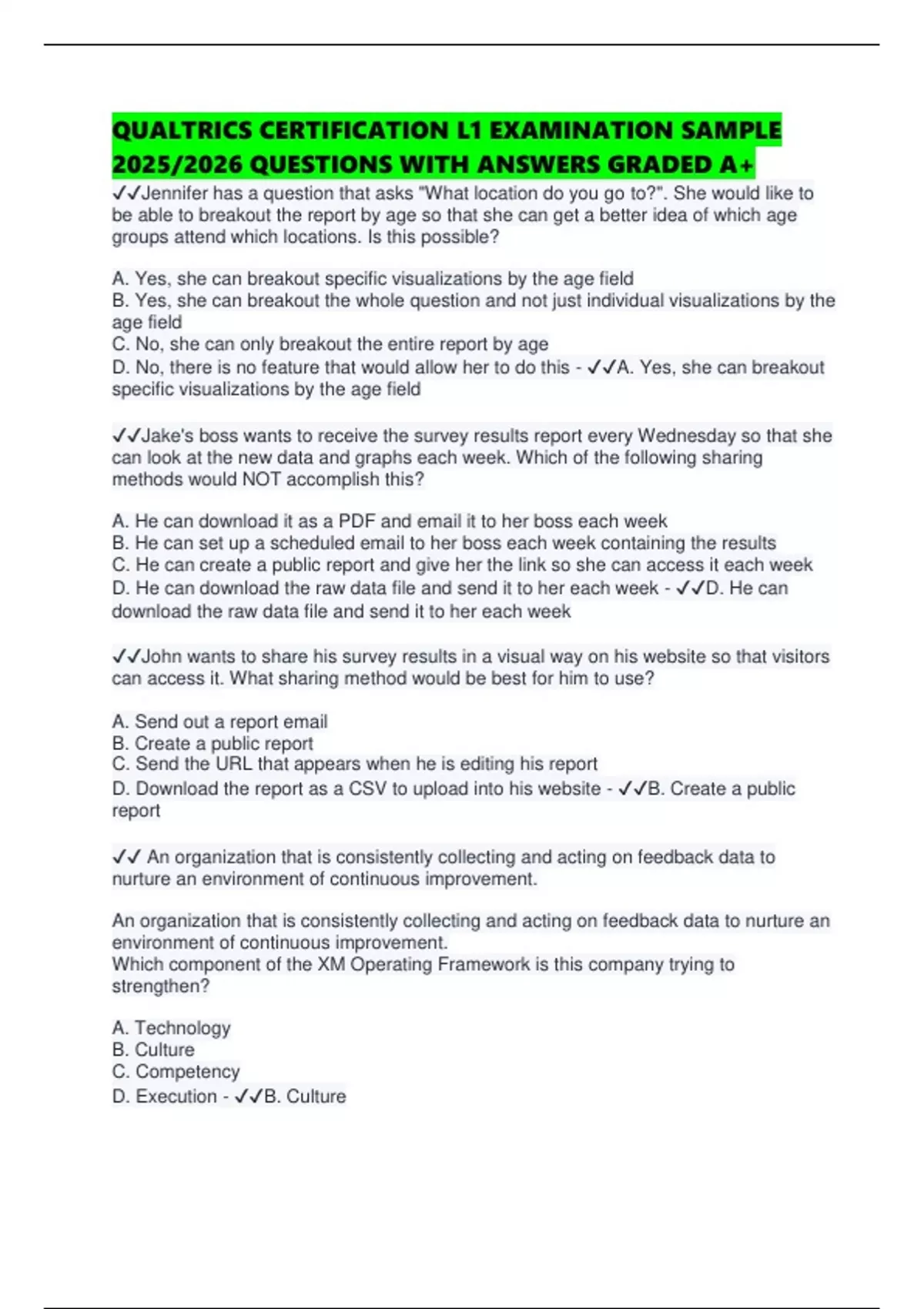 QUALTRICS CERTIFICATION L1 EXAMINATION SAMPLE 2025/2026 QUESTIONS WITH ...